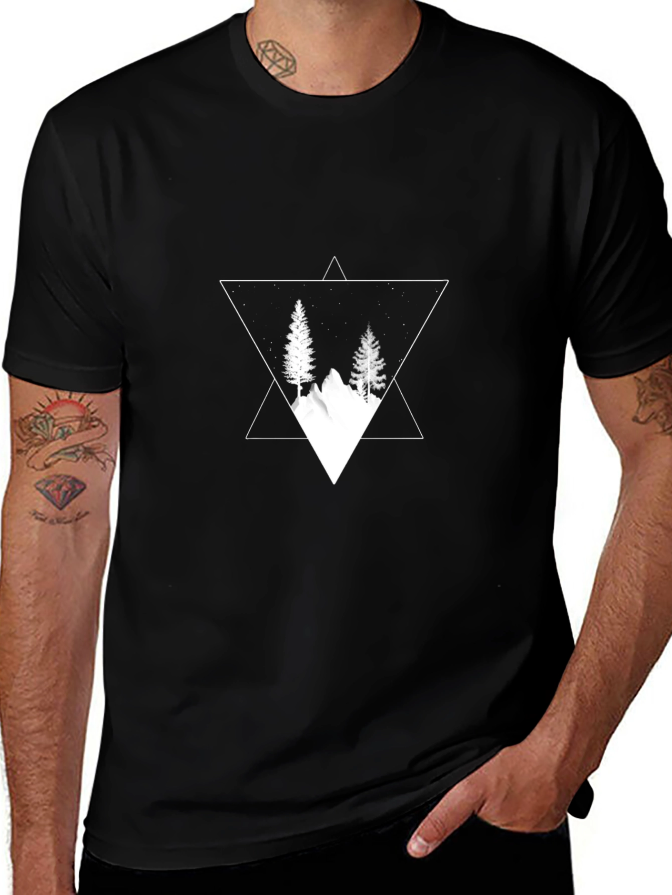 Mountain & Trees Triangle Graphic Black T-Shirt