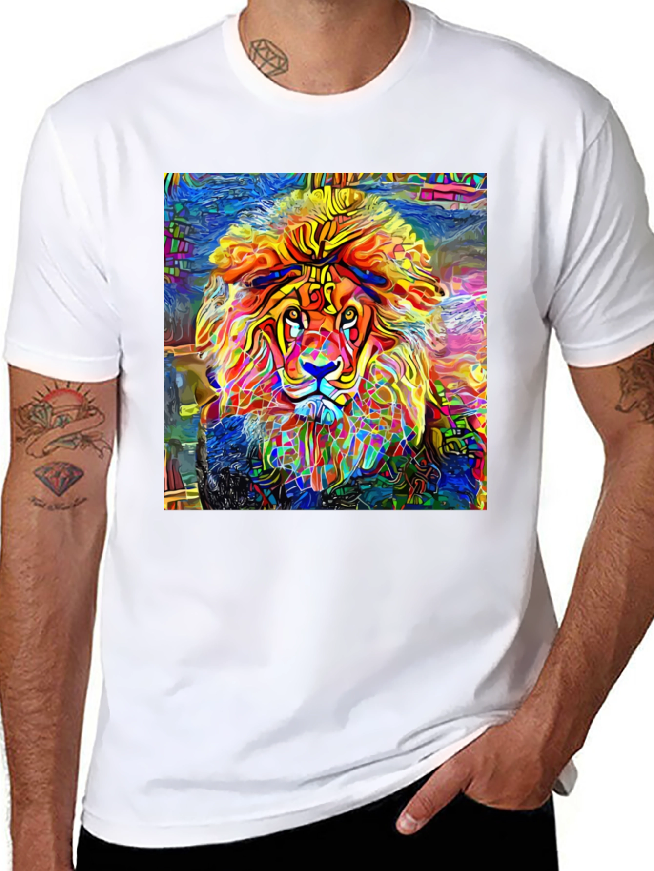 Vibrant Lion Graphic Black T-Shirt - Artistic Animal Tee