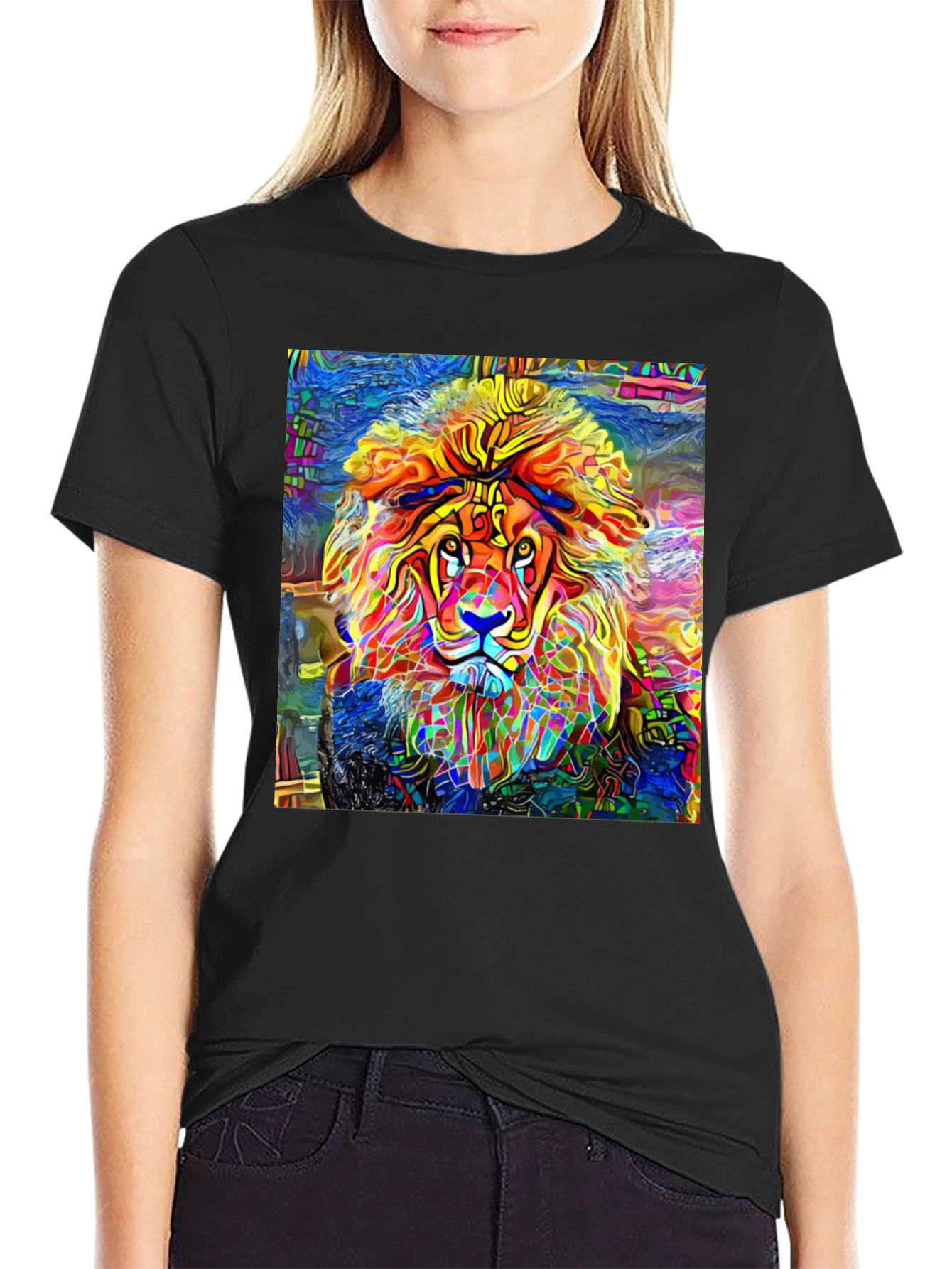 Vibrant Lion Graphic Black T-Shirt - Artistic Animal Tee