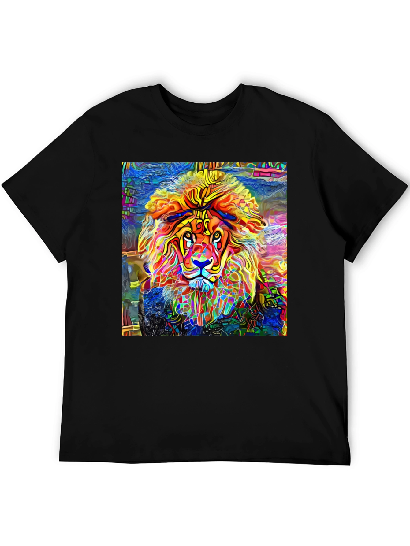 Vibrant Lion Graphic Black T-Shirt - Artistic Animal Tee