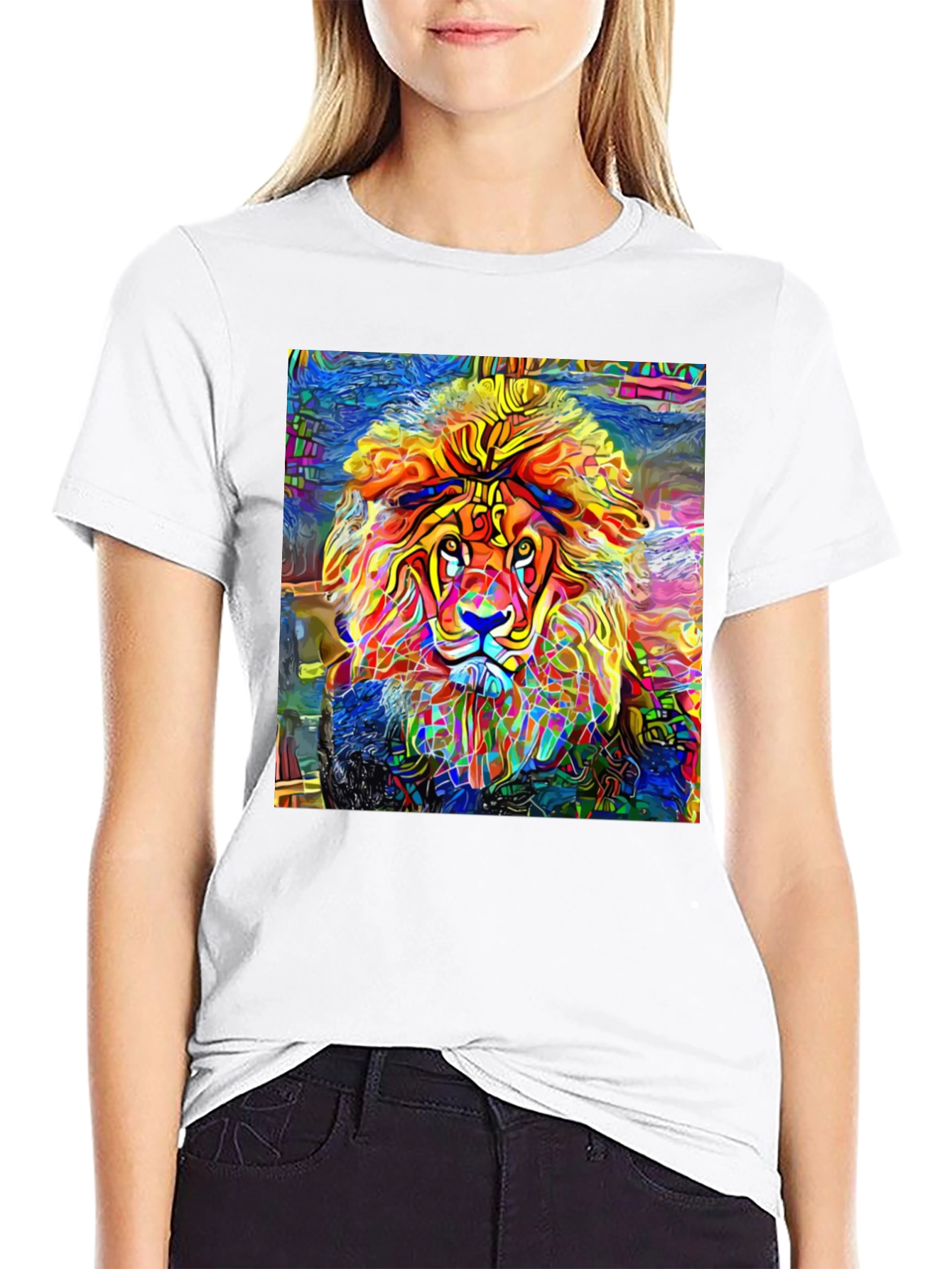 Vibrant Lion Graphic Black T-Shirt - Artistic Animal Tee