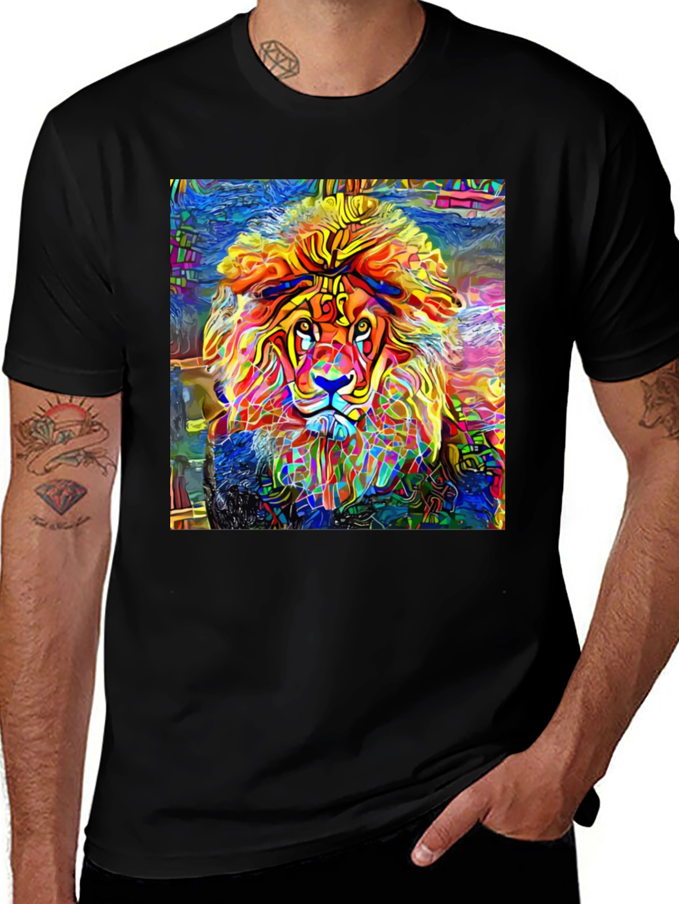 Vibrant Lion Graphic Black T-Shirt - Artistic Animal Tee