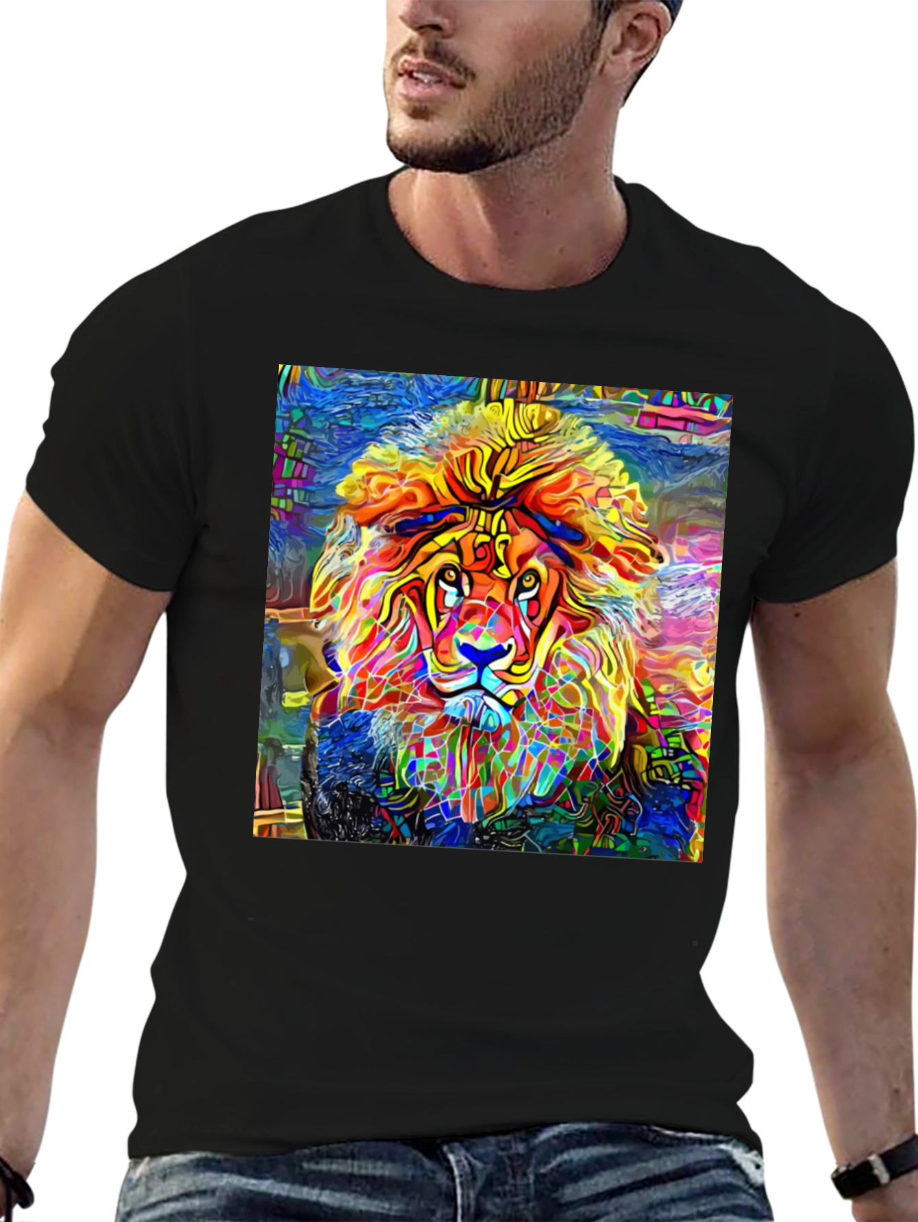 Vibrant Lion Graphic Black T-Shirt - Artistic Animal Tee