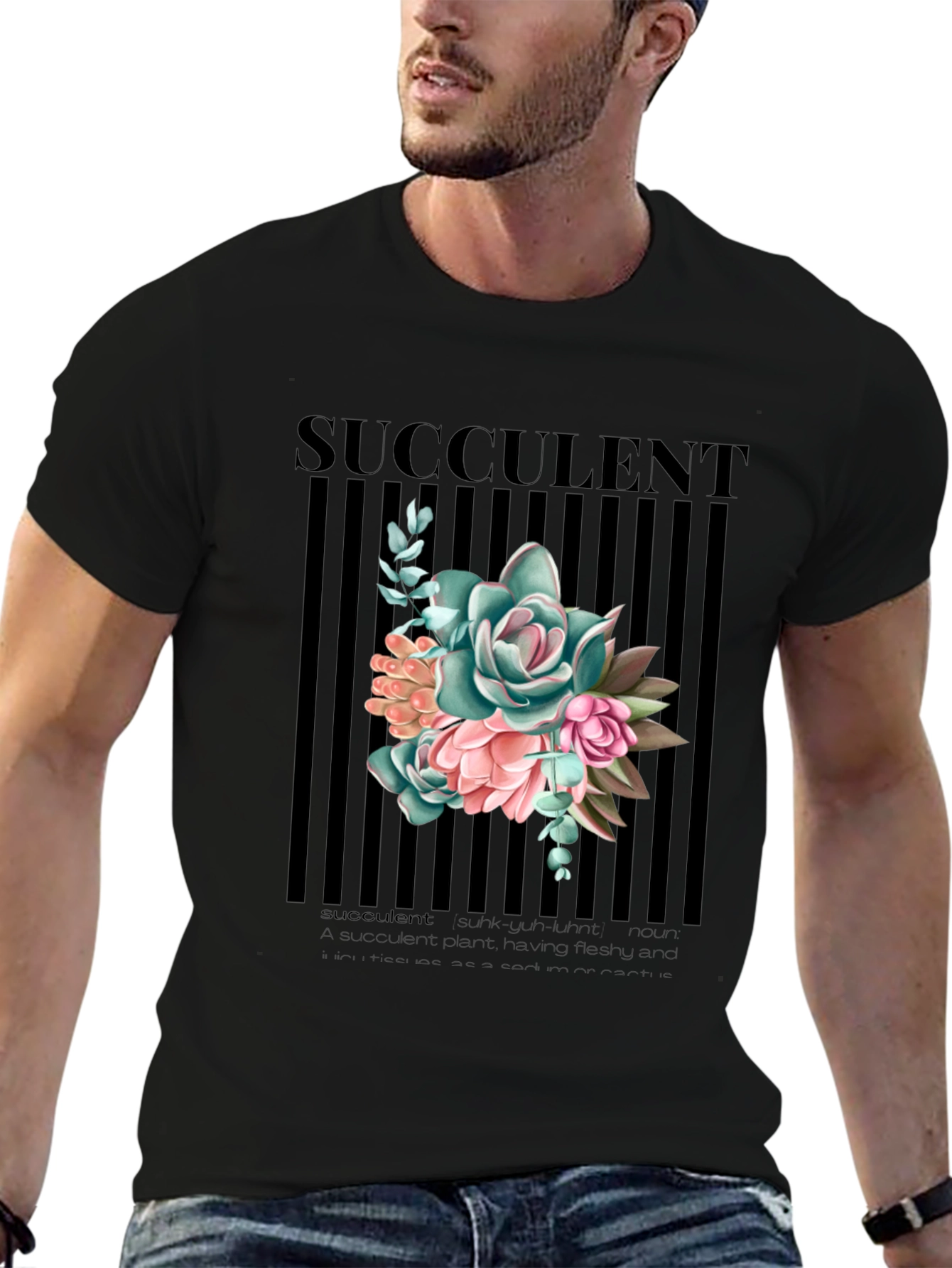 Succulent Graphic Print Black T-Shirt for Men