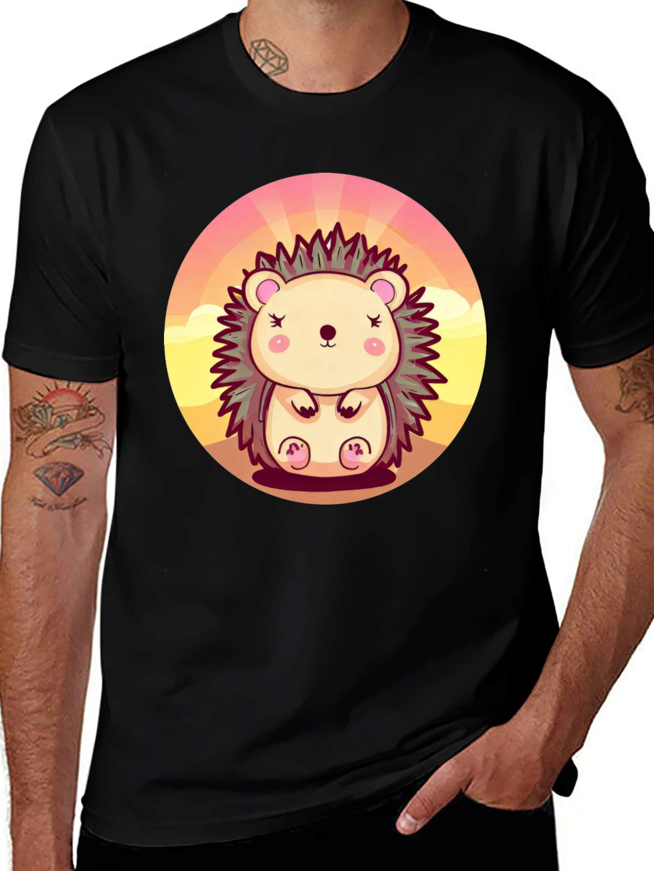 Cute Hedgehog Graphic Tee - Unisex Black T-Shirt