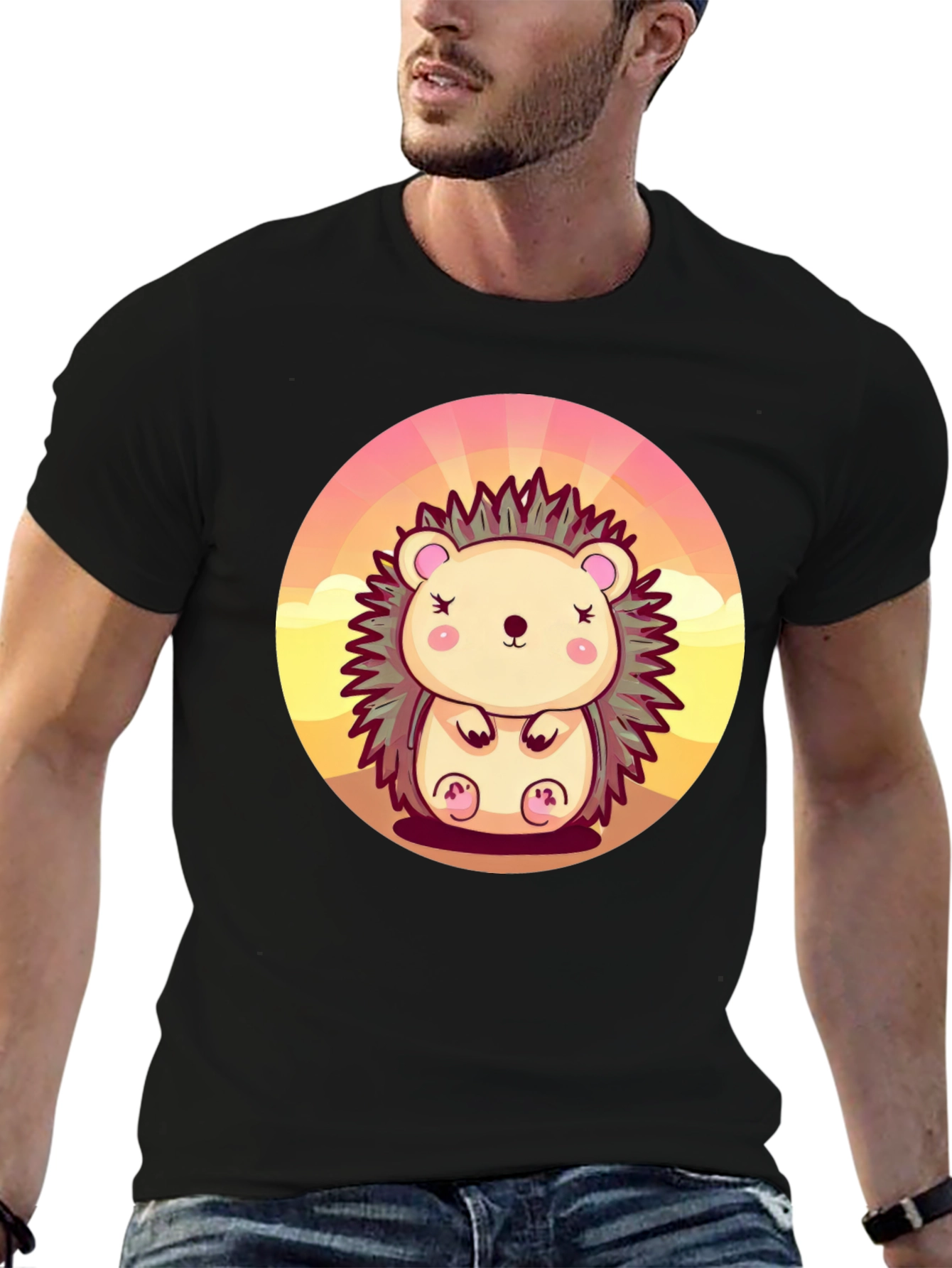 Cute Hedgehog Graphic Tee - Unisex Black T-Shirt