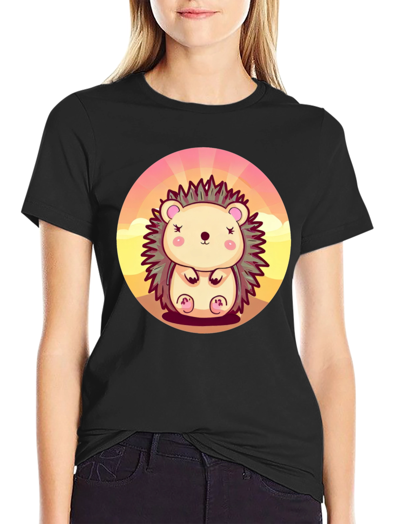 Cute Hedgehog Graphic Tee - Unisex Black T-Shirt