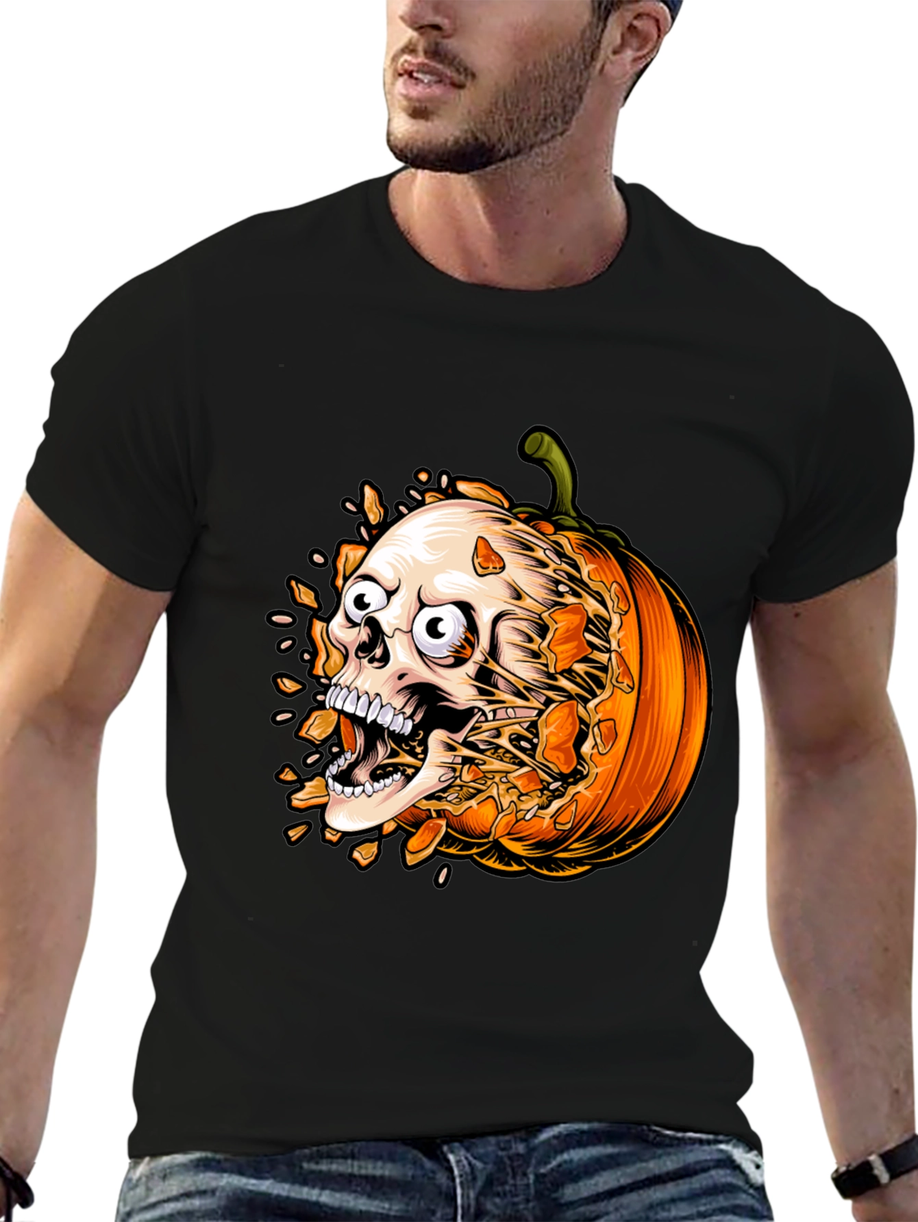 Skull Pumpkin Graphic Tee - Halloween Shirt