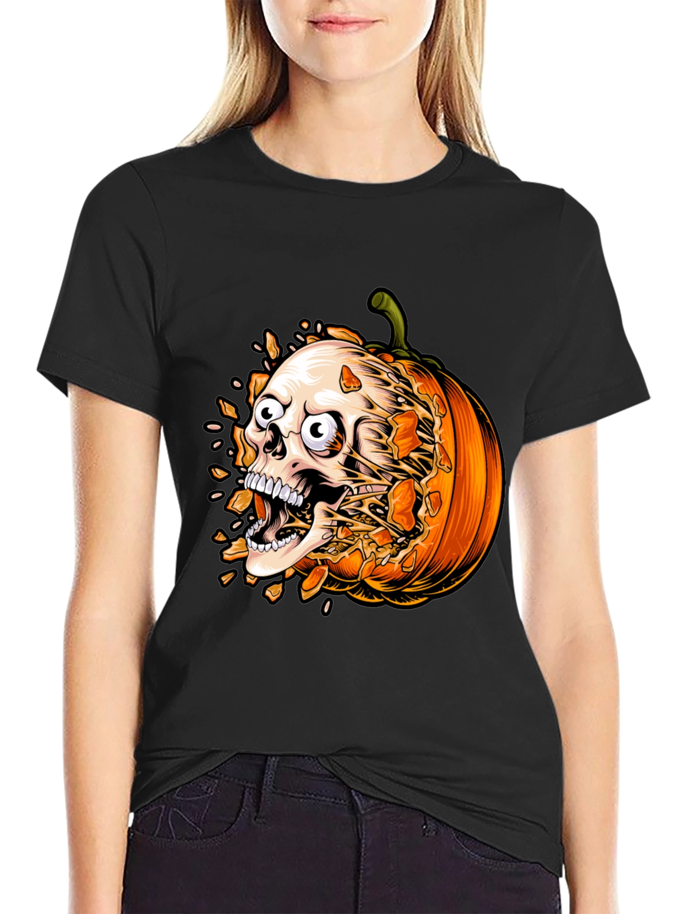Skull Pumpkin Graphic Tee - Halloween Shirt