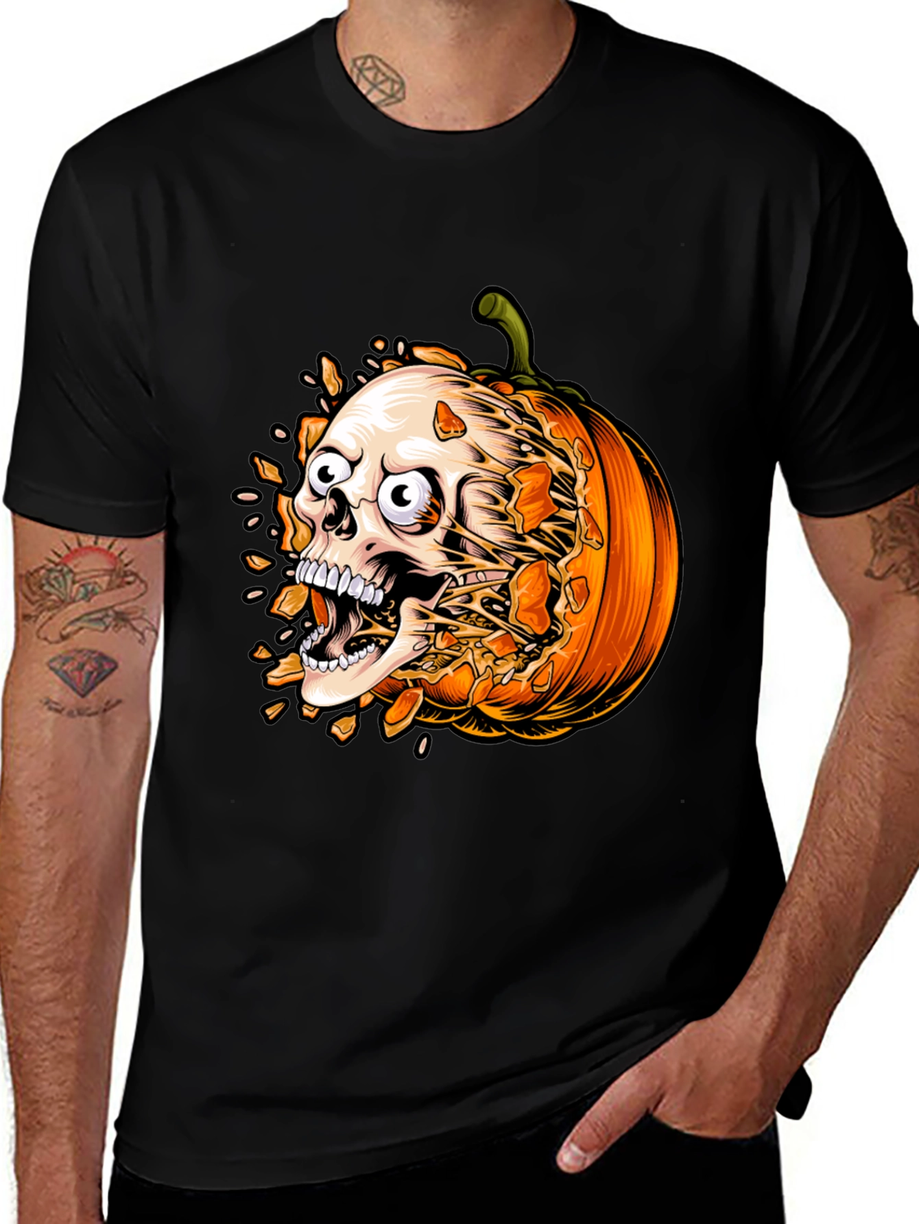 Skull Pumpkin Graphic Tee - Halloween Shirt