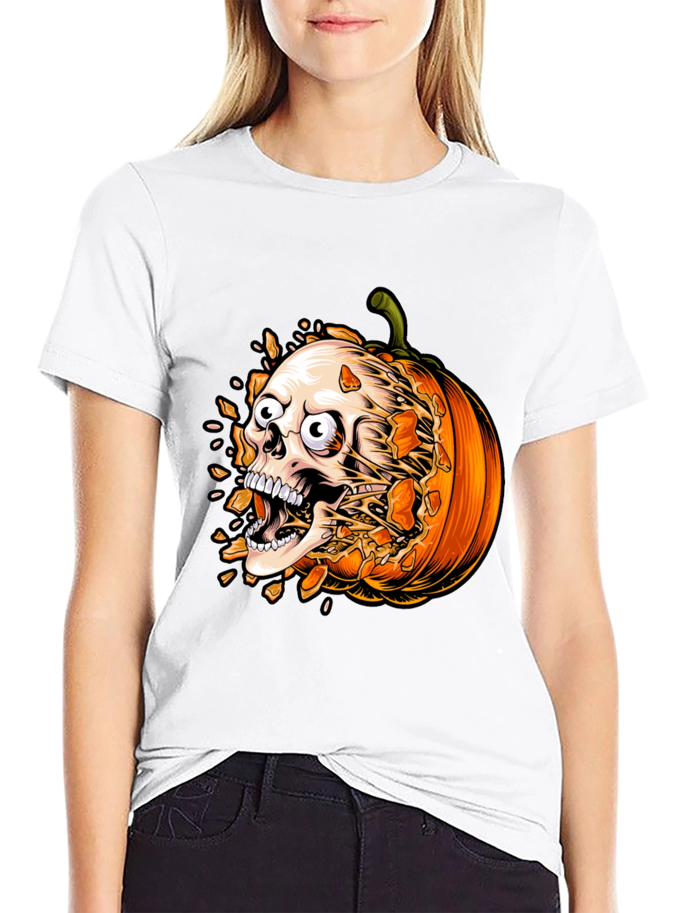 Skull Pumpkin Graphic Tee - Halloween Shirt