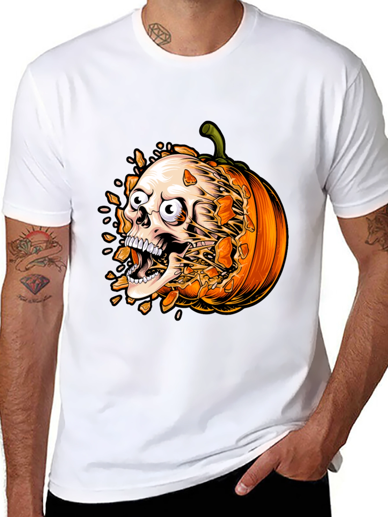 Skull Pumpkin Graphic Tee - Halloween Shirt
