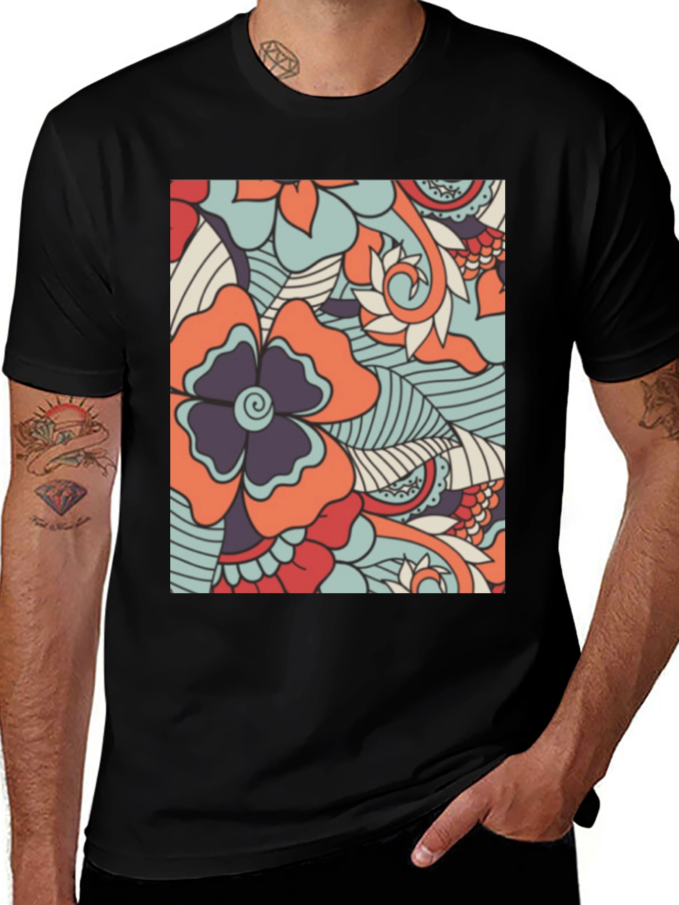 Floral Pattern Mens Black T-Shirt