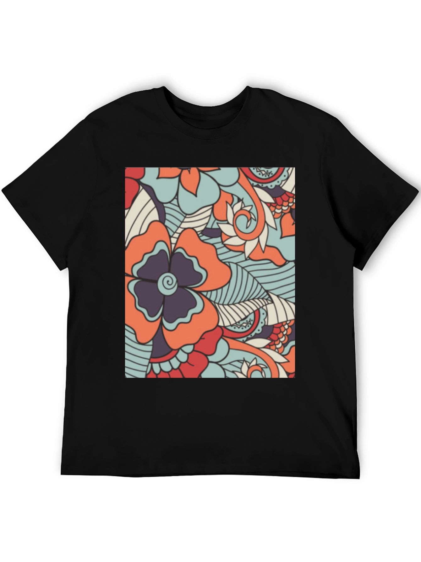 Floral Pattern Mens Black T-Shirt