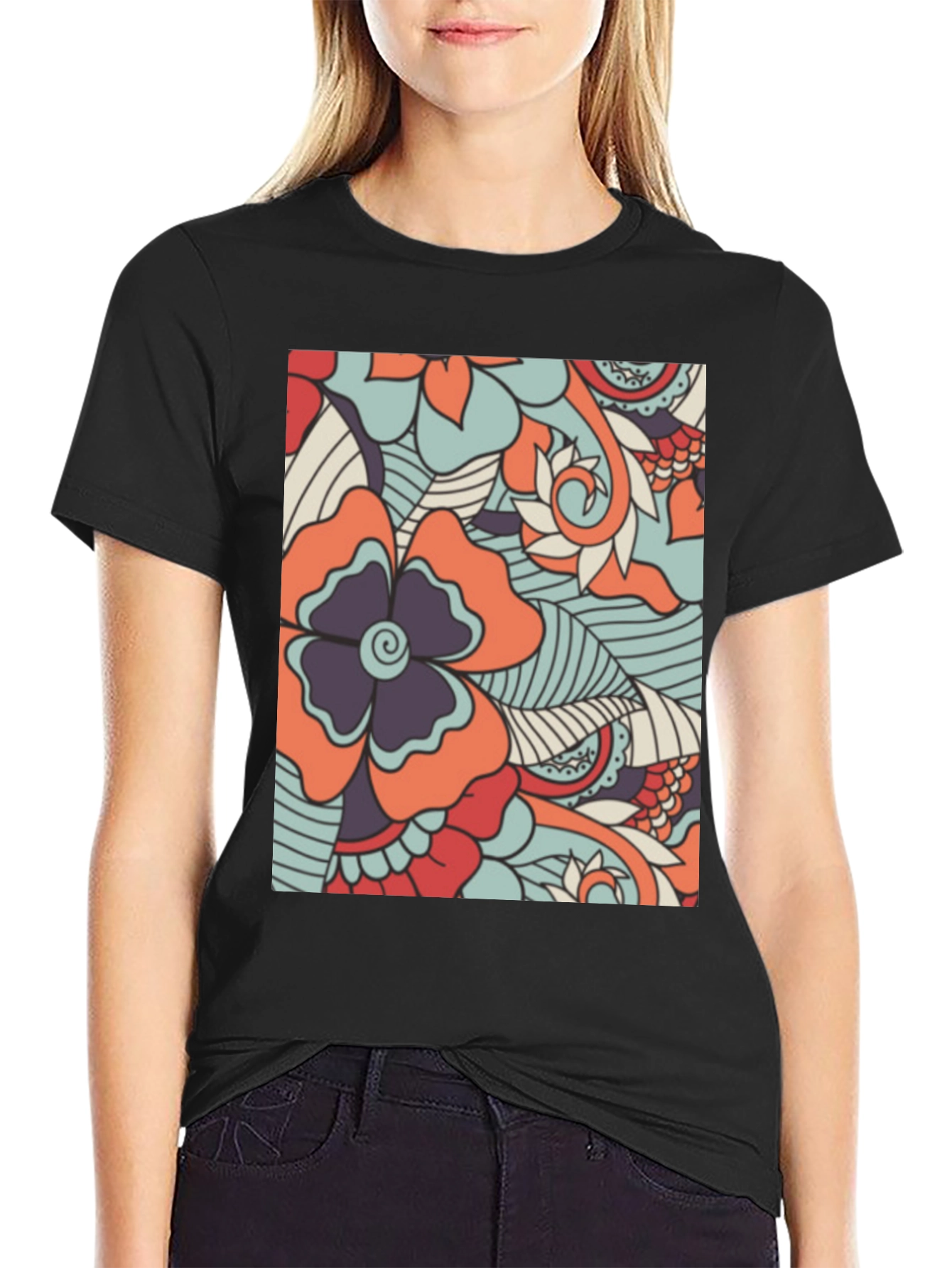 Floral Pattern Mens Black T-Shirt