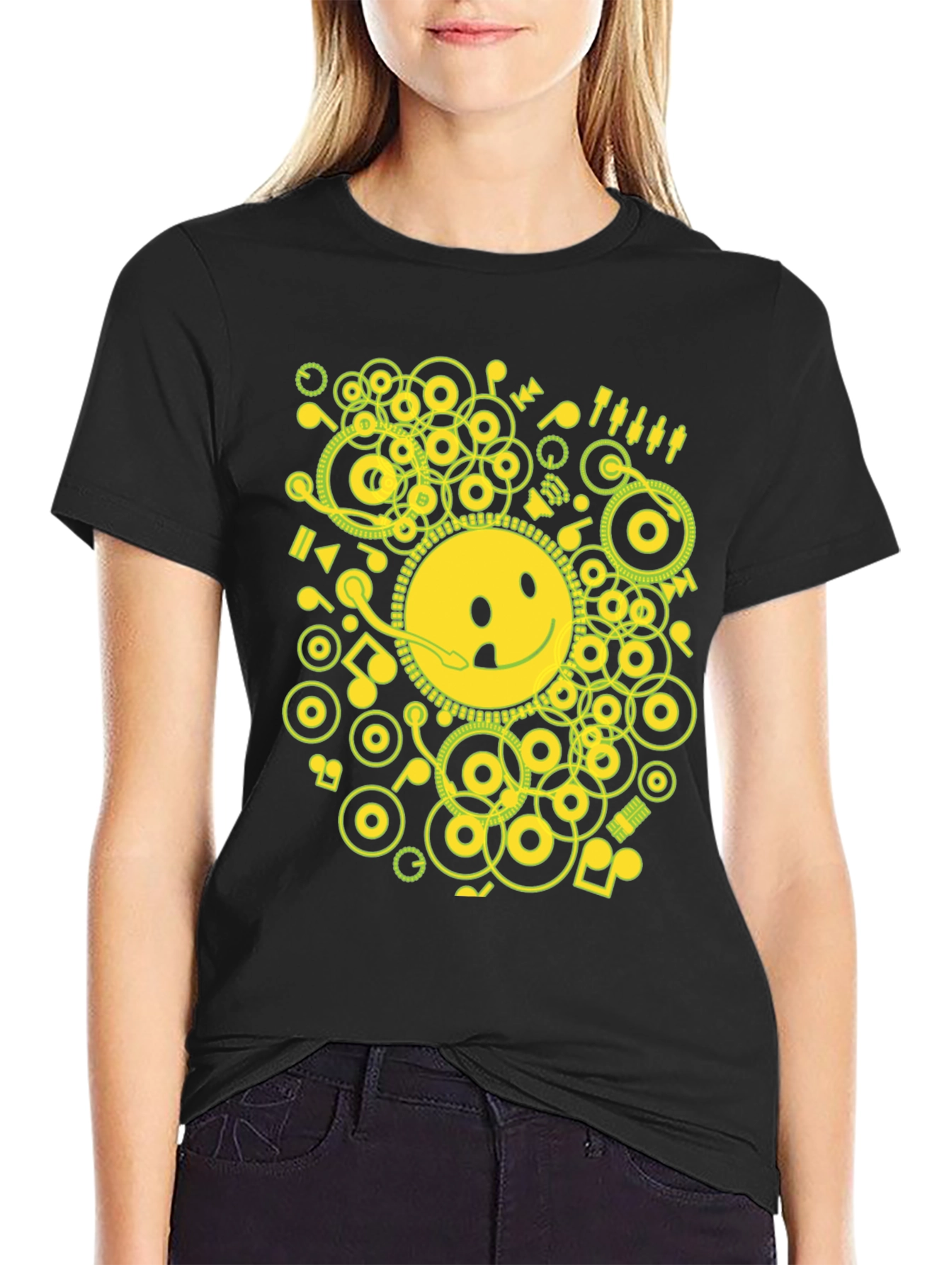 Smiley Face Graphic Tee - Music Theme T-Shirt