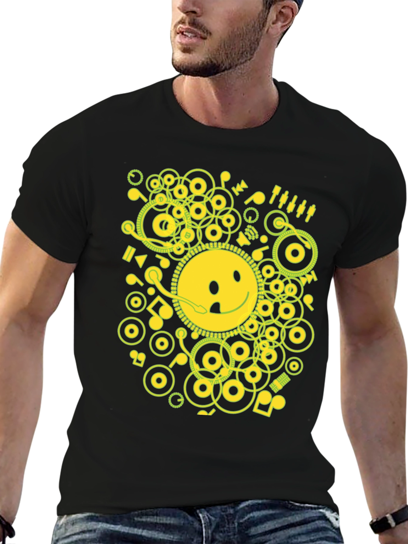 Smiley Face Graphic Tee - Music Theme T-Shirt