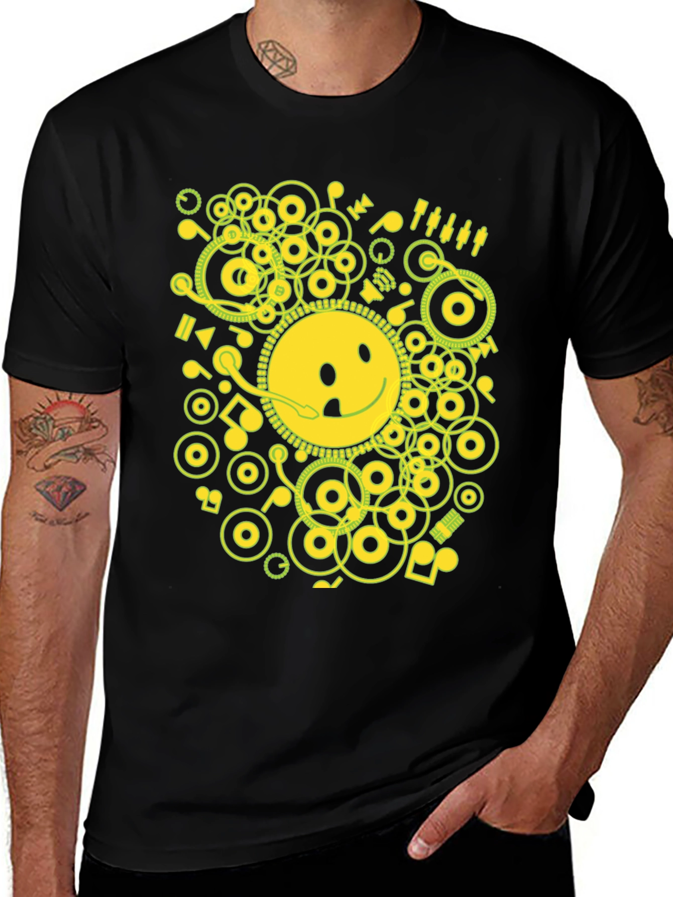 Smiley Face Graphic Tee - Music Theme T-Shirt