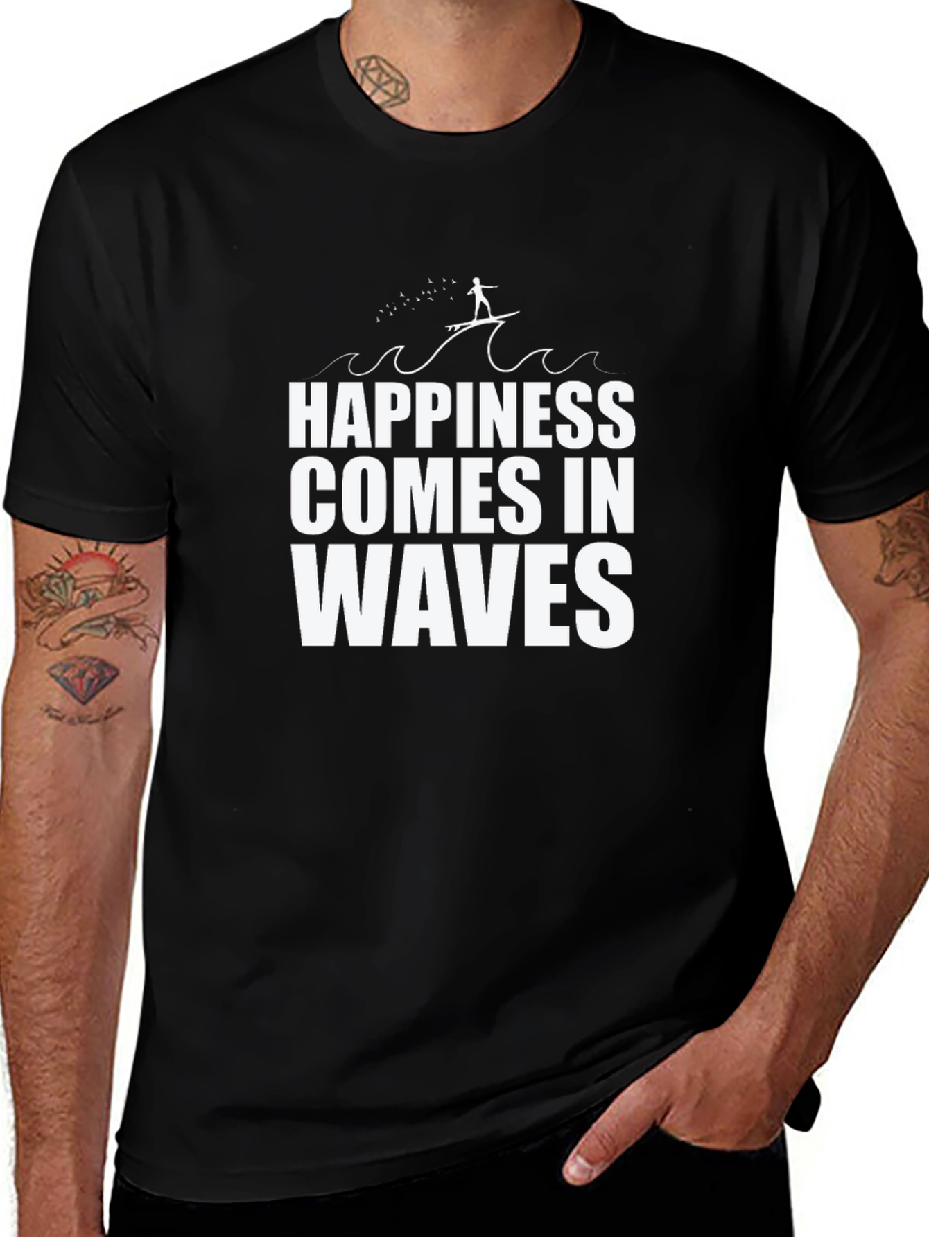 Happiness Comes In Waves Black Graphic Tee Shirt