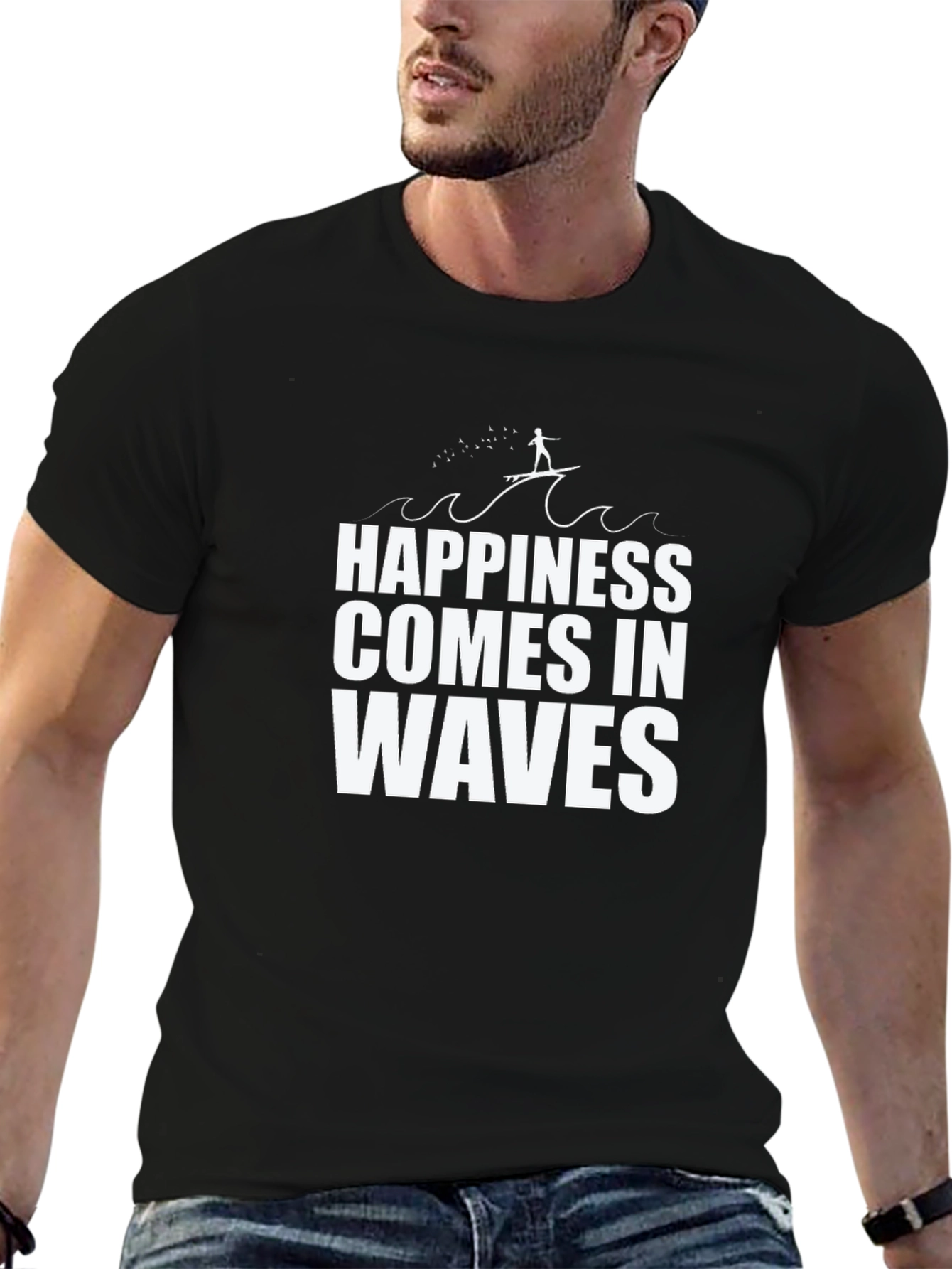 Happiness Comes In Waves Black Graphic Tee Shirt