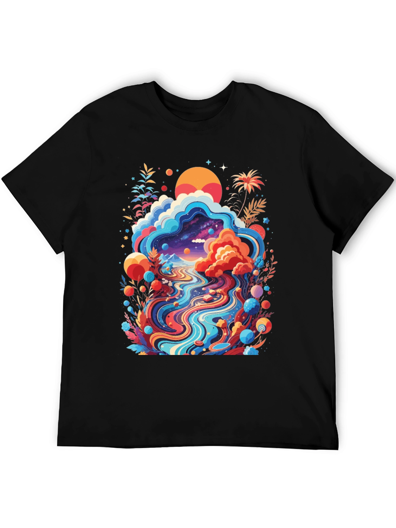 Psychedelic Landscape Graphic Tee - Black Cotton T-Shirt