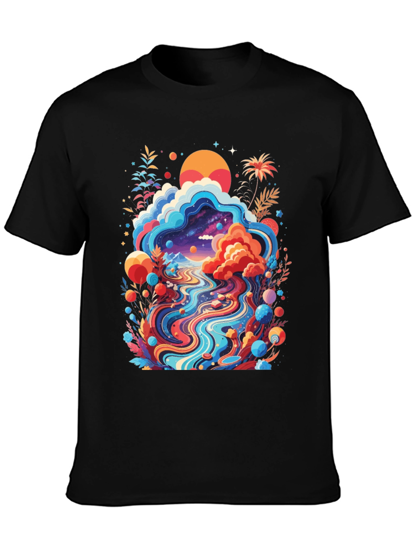 Psychedelic Landscape Graphic Tee - Black Cotton T-Shirt