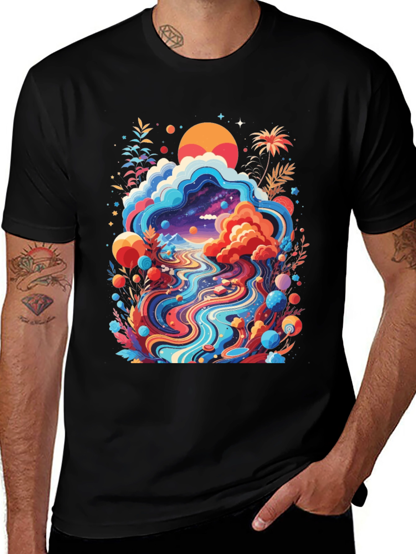Psychedelic Landscape Graphic Tee - Black Cotton T-Shirt