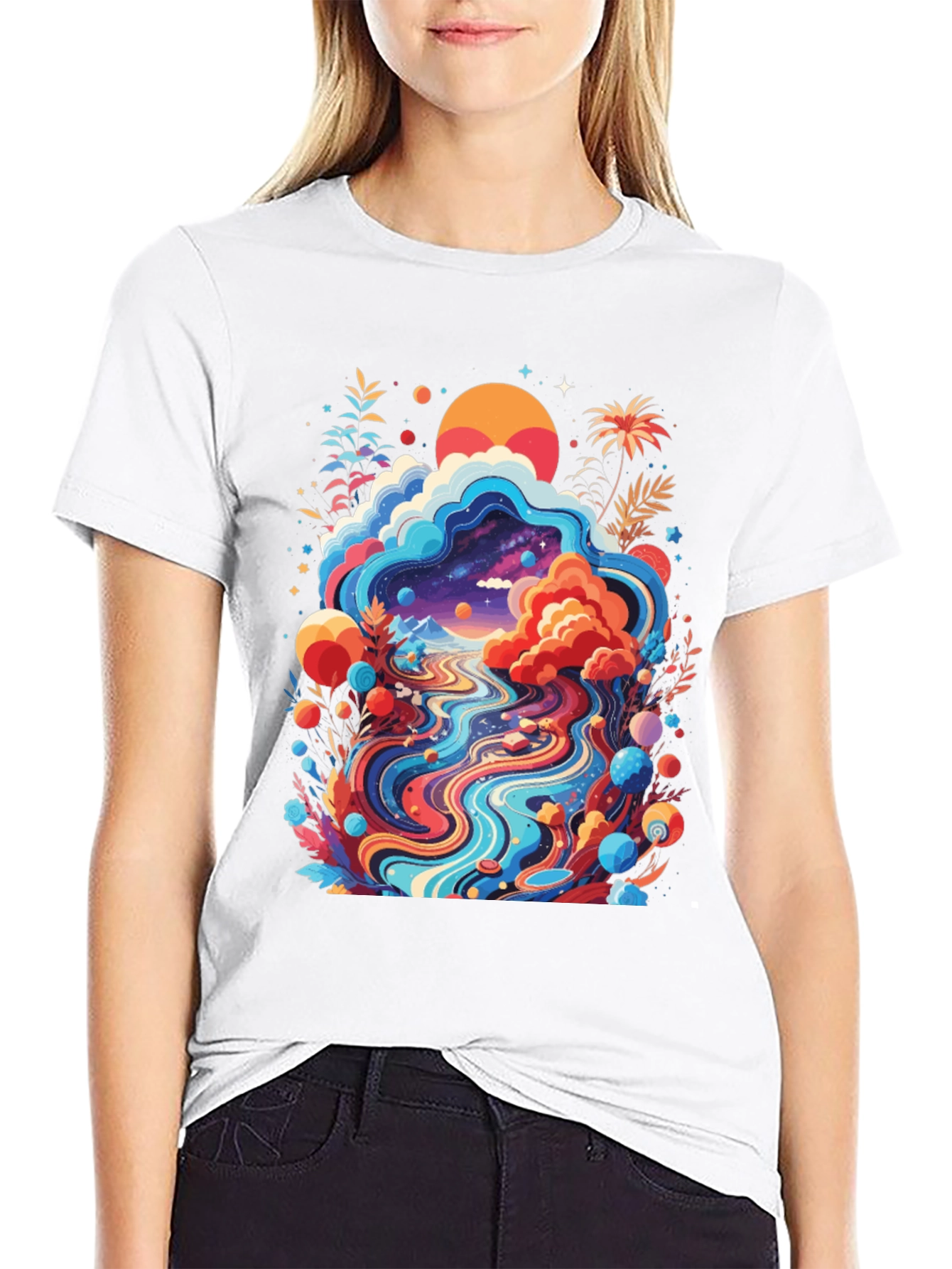 Psychedelic Landscape Graphic Tee - Black Cotton T-Shirt