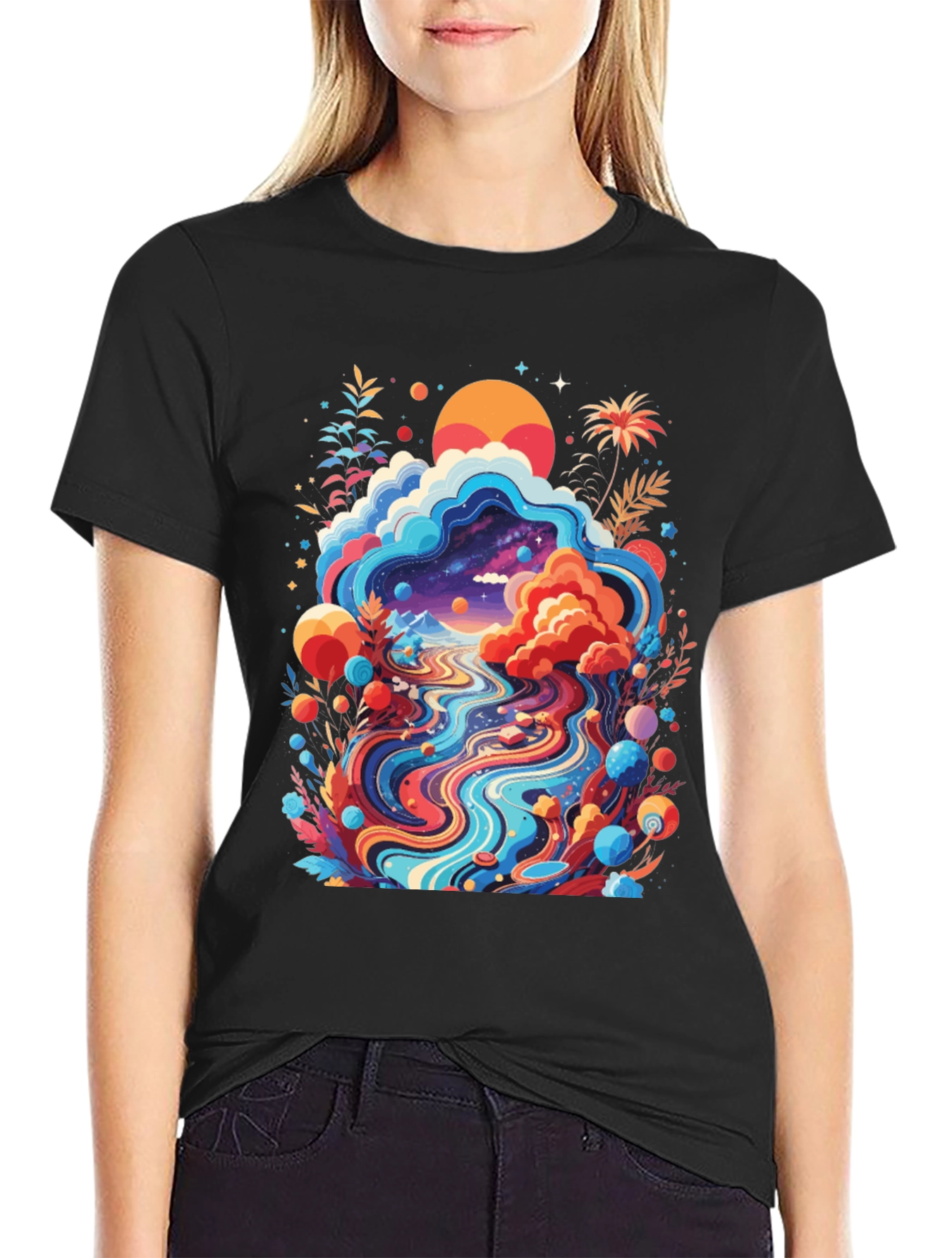 Psychedelic Landscape Graphic Tee - Black Cotton T-Shirt