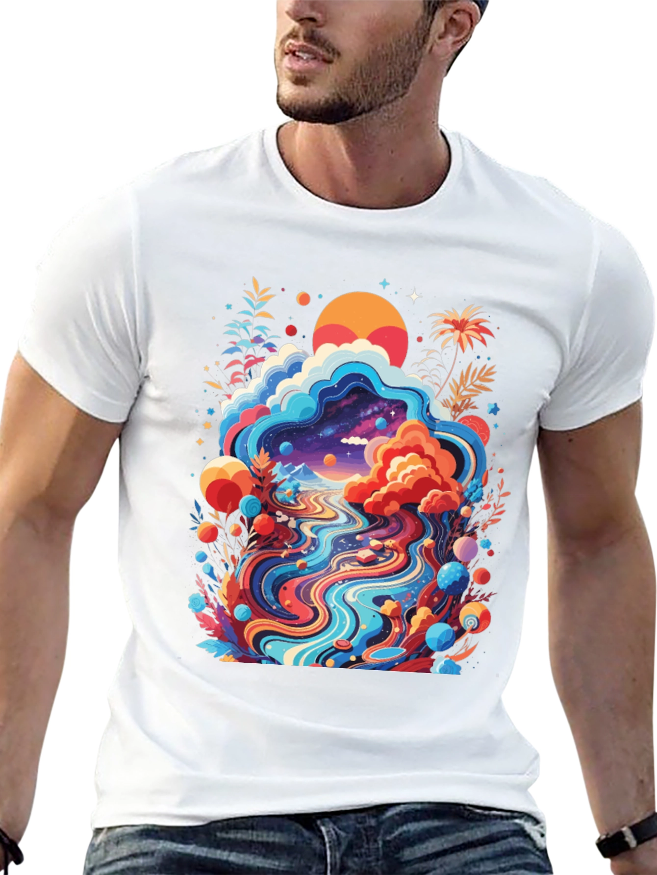 Psychedelic Landscape Graphic Tee - Black Cotton T-Shirt