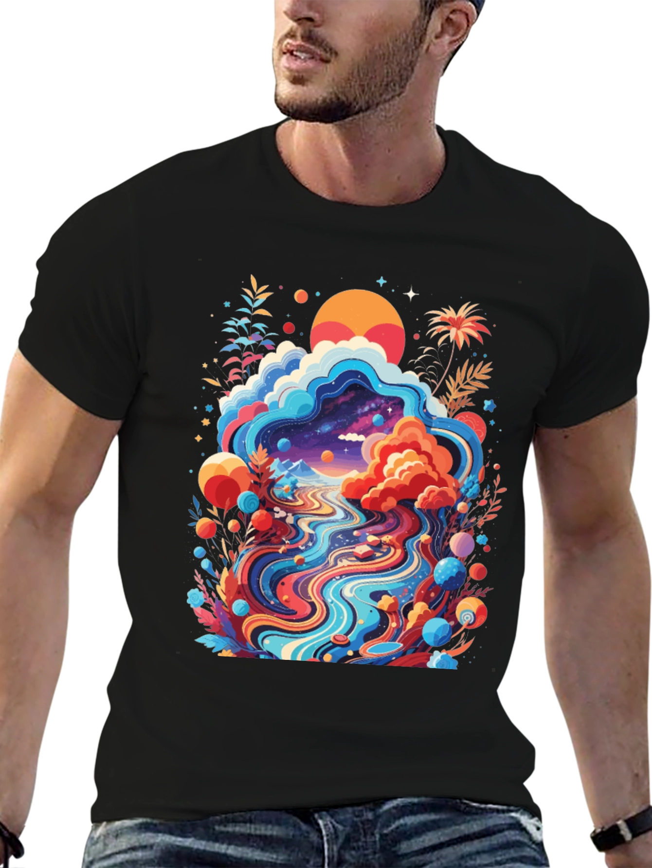 Psychedelic Landscape Graphic Tee - Black Cotton T-Shirt