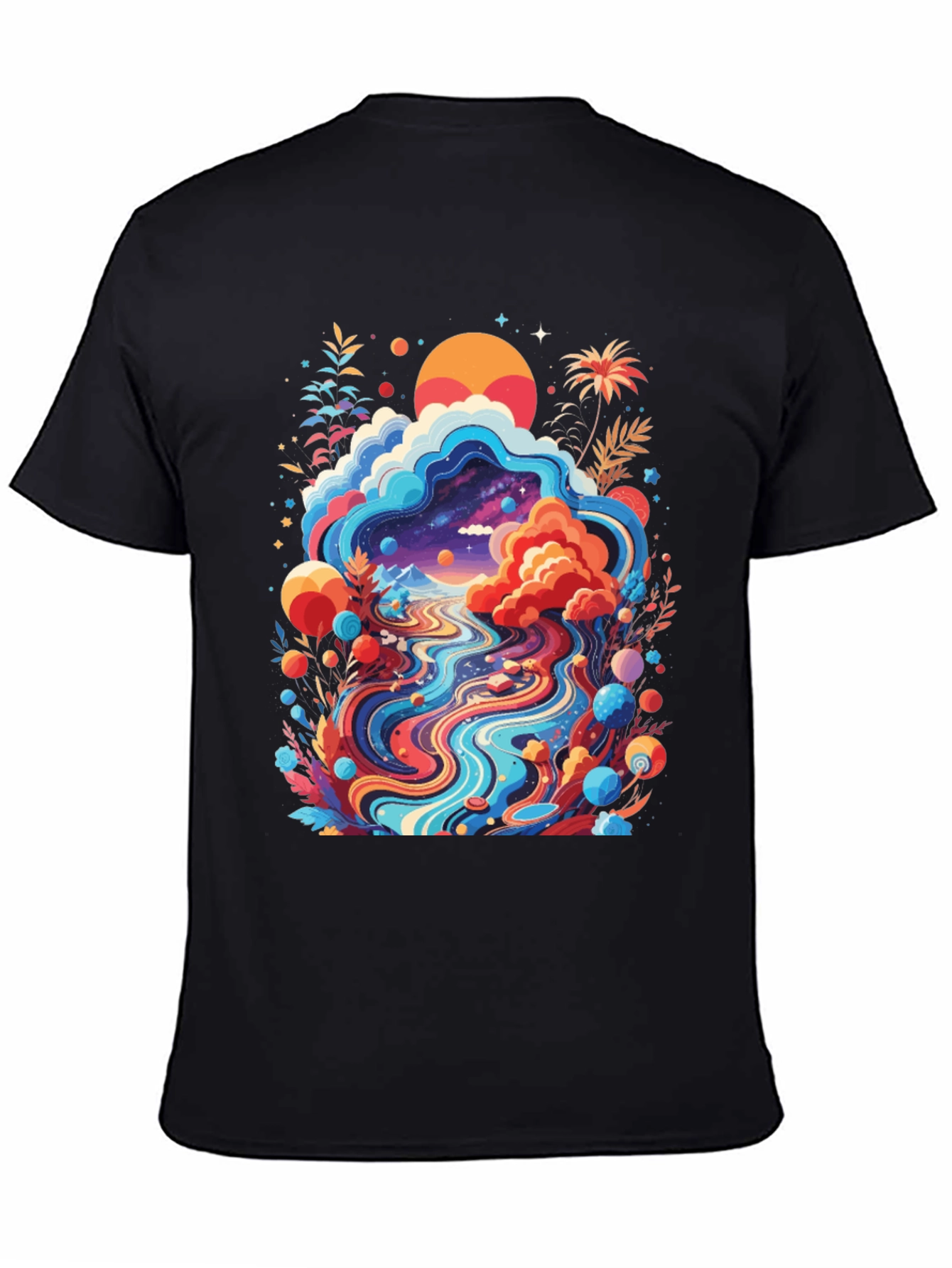 Psychedelic Landscape Graphic Tee - Black Cotton T-Shirt