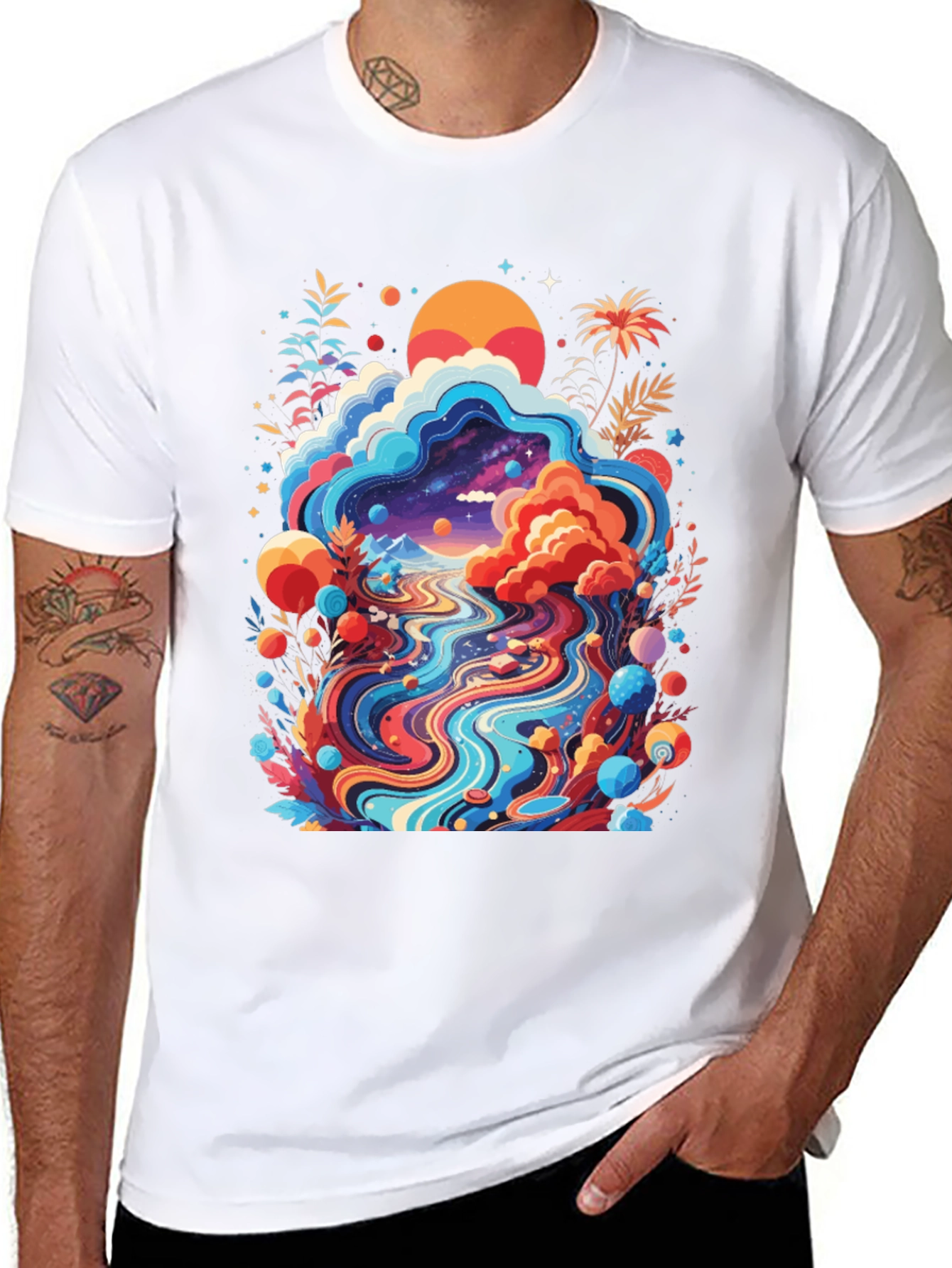 Psychedelic Landscape Graphic Tee - Black Cotton T-Shirt