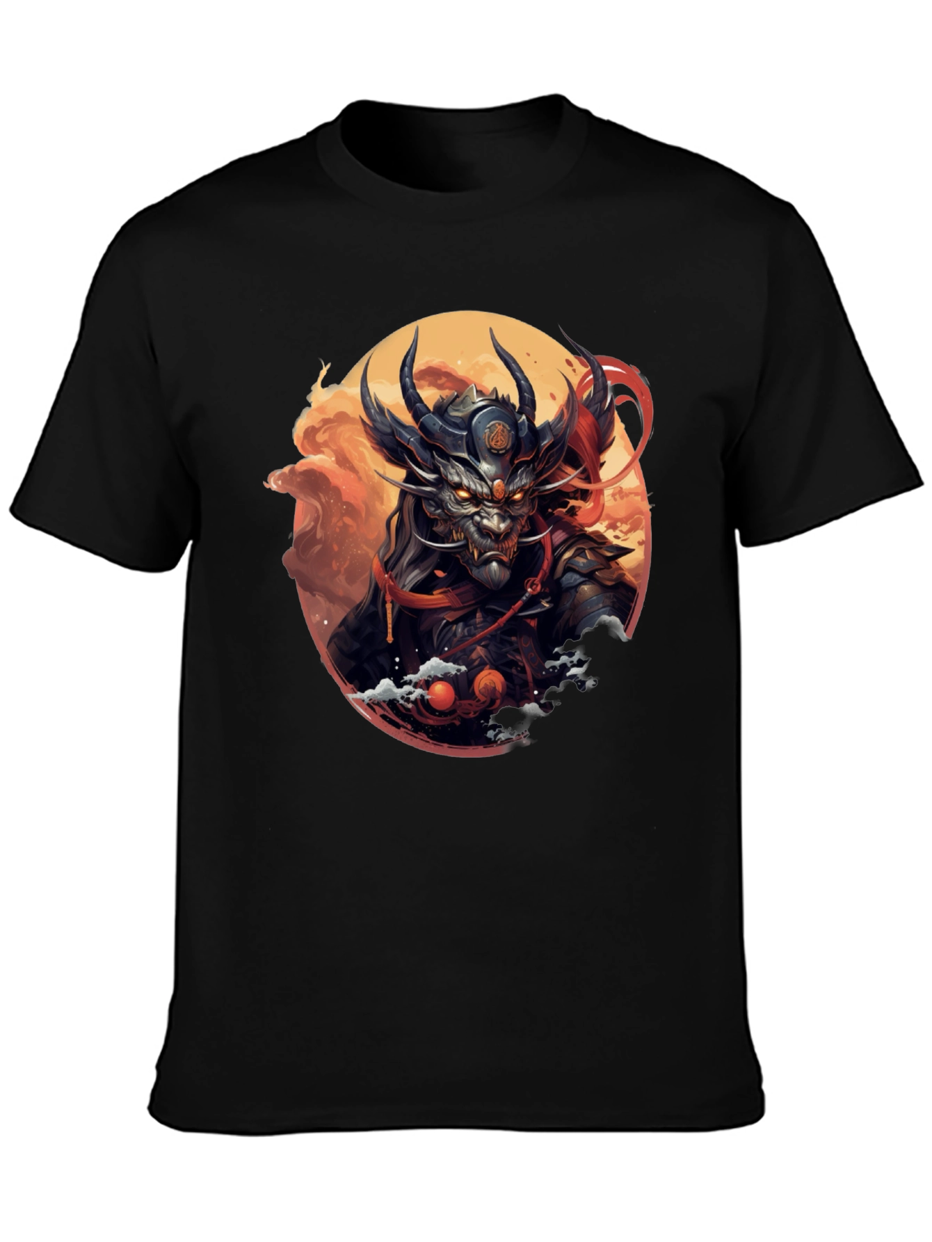 Mens Black T-Shirt with Dragon Samurai Graphic