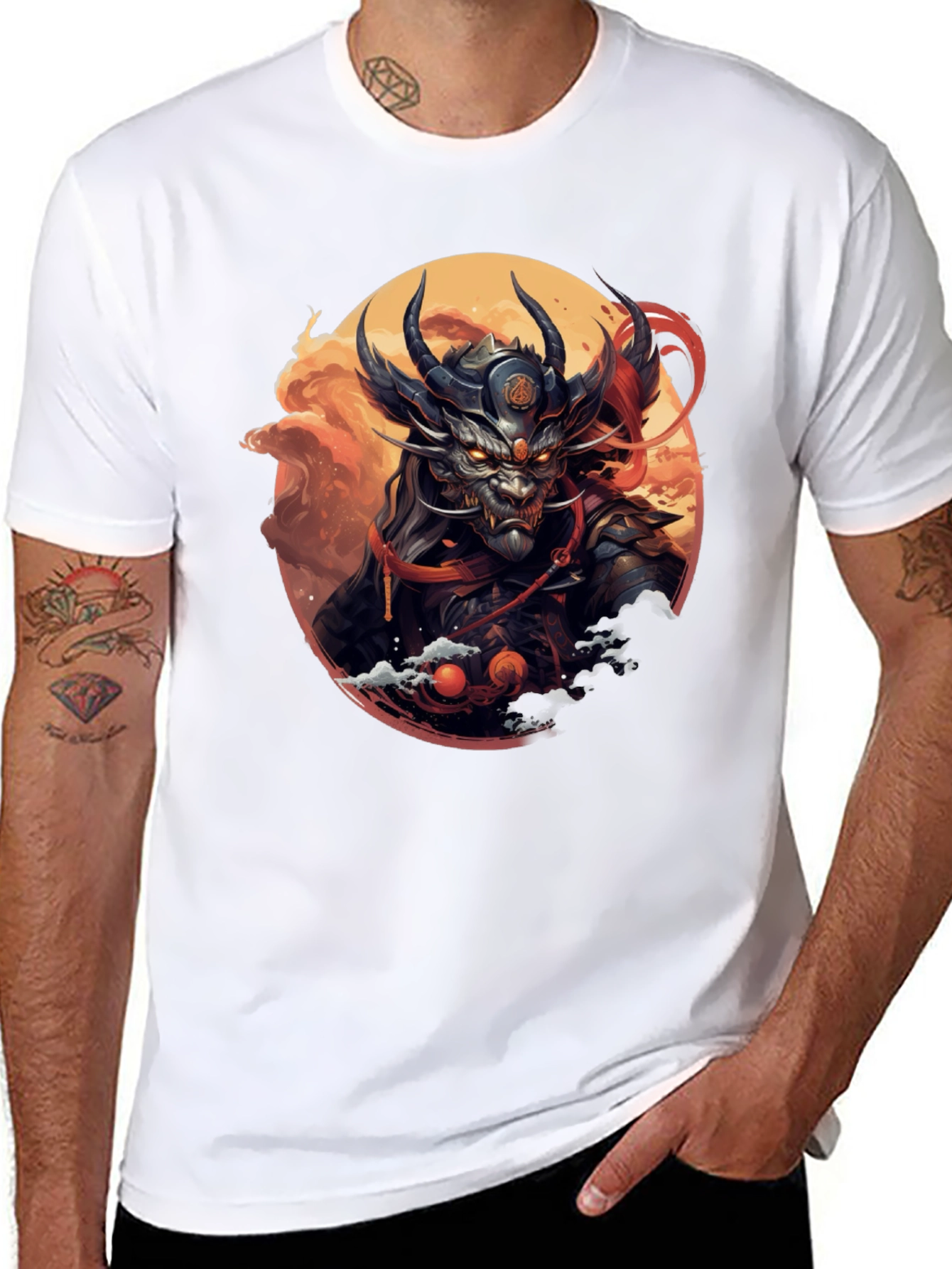 Mens Black T-Shirt with Dragon Samurai Graphic