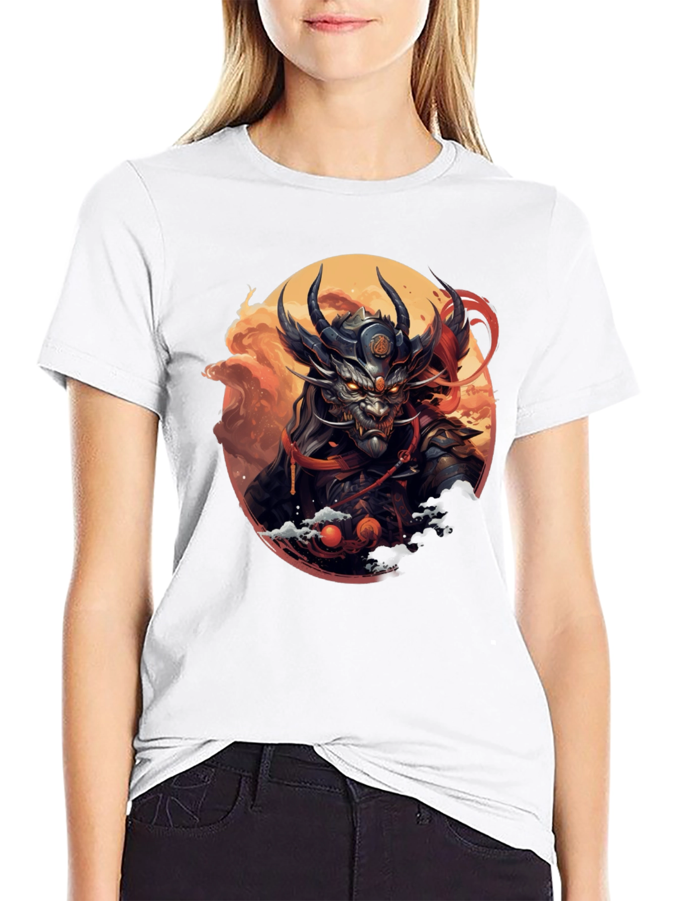 Mens Black T-Shirt with Dragon Samurai Graphic