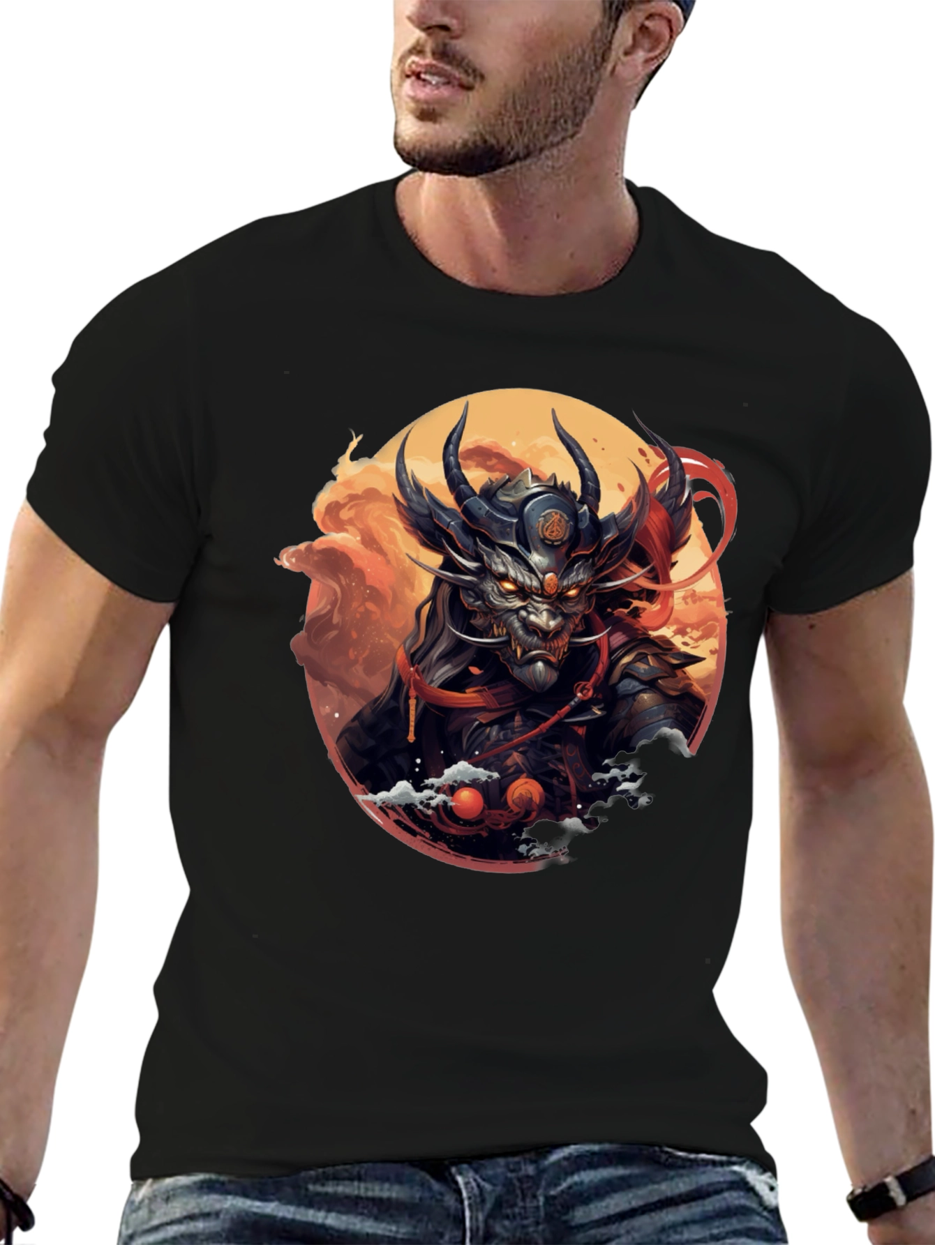 Mens Black T-Shirt with Dragon Samurai Graphic