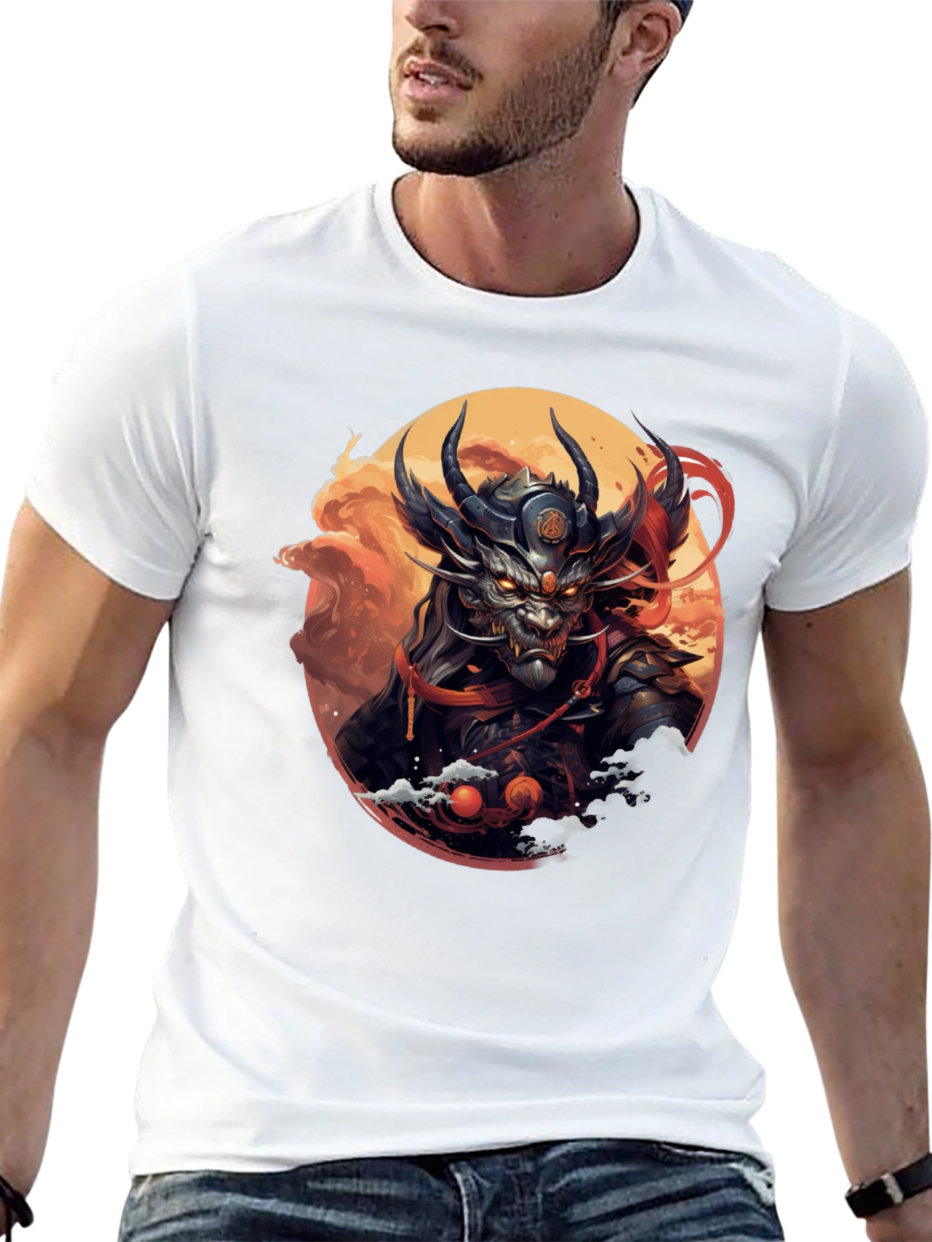 Mens Black T-Shirt with Dragon Samurai Graphic
