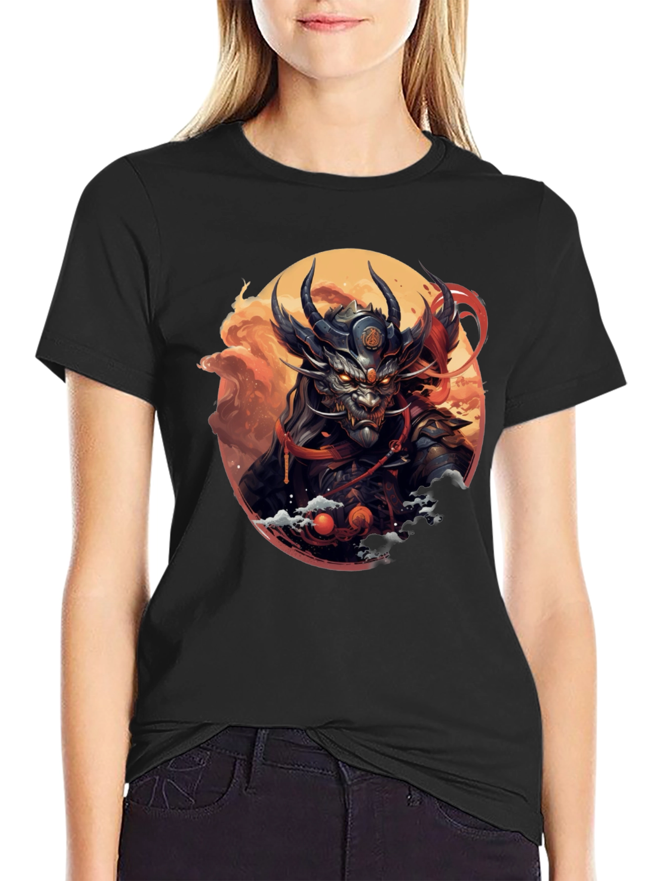 Mens Black T-Shirt with Dragon Samurai Graphic