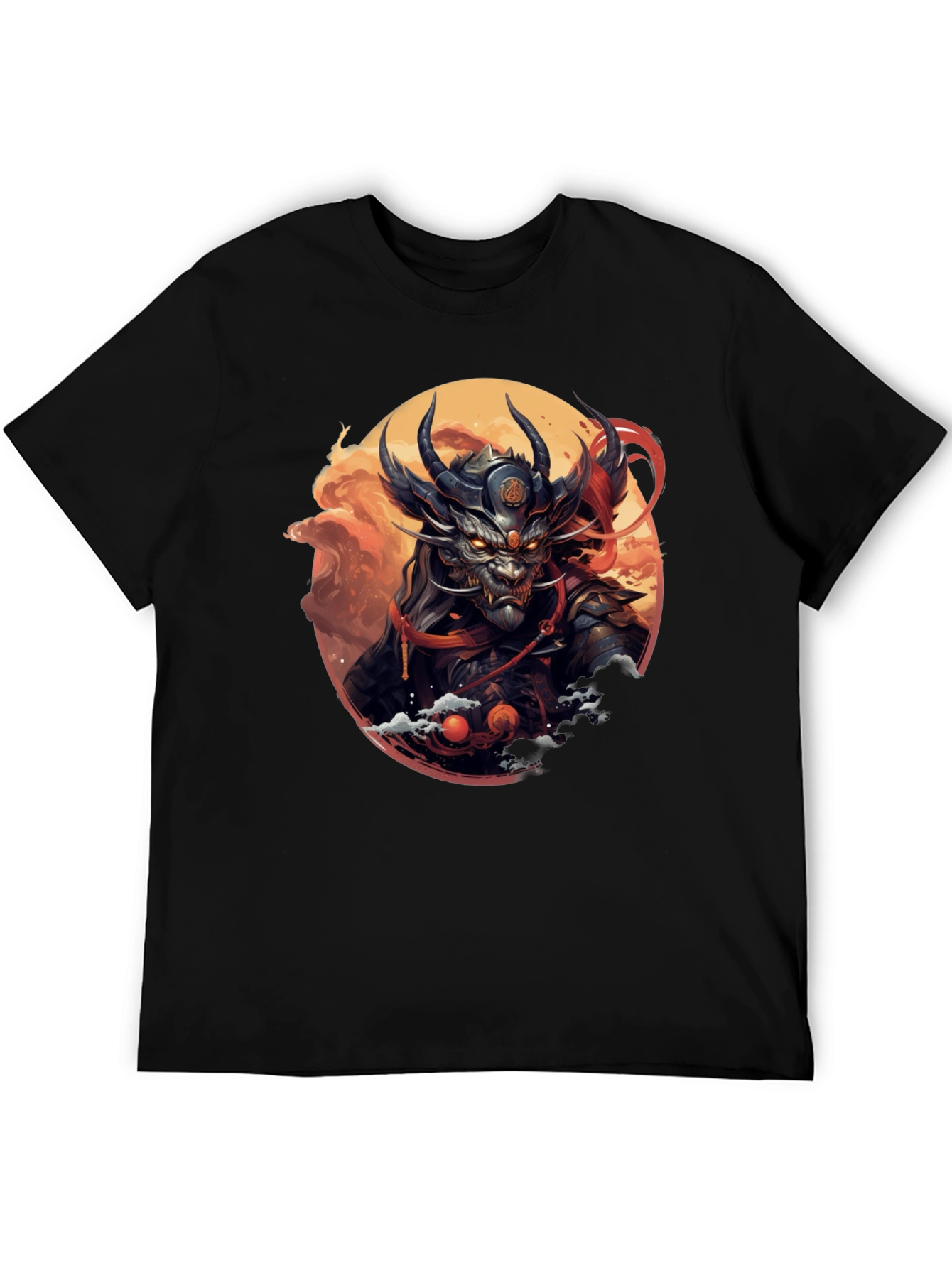 Mens Black T-Shirt with Dragon Samurai Graphic