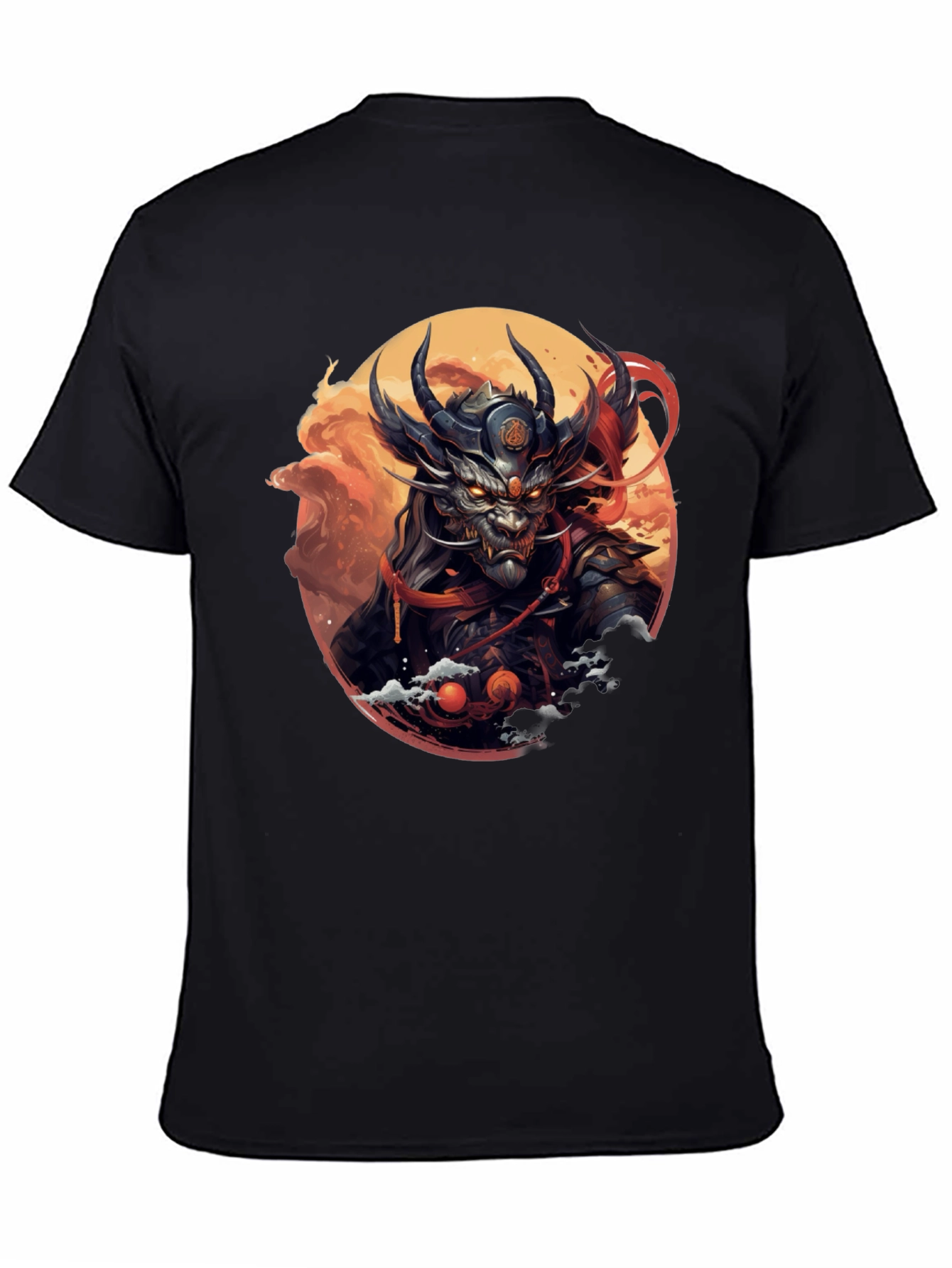 Mens Black T-Shirt with Dragon Samurai Graphic