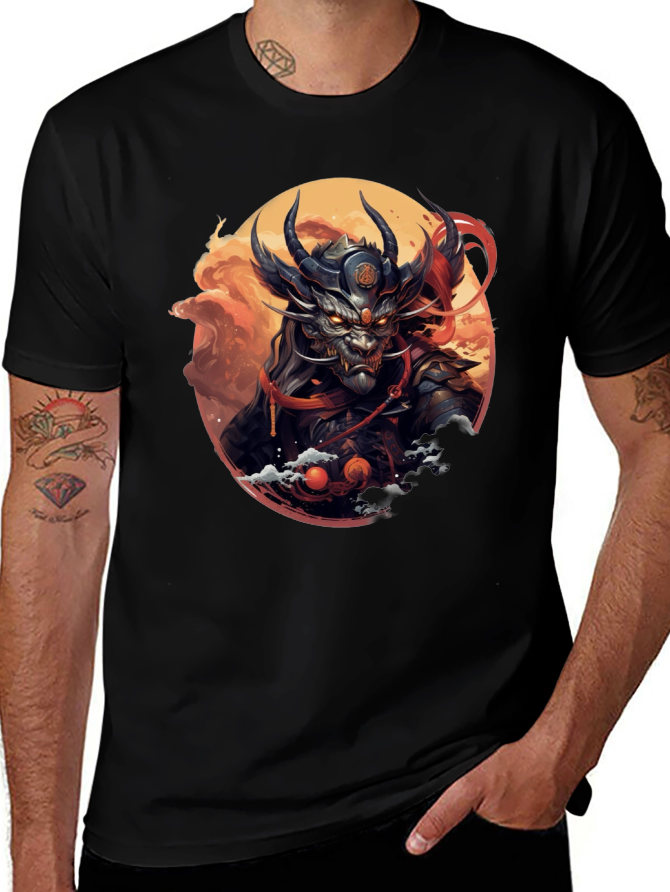 Mens Black T-Shirt with Dragon Samurai Graphic