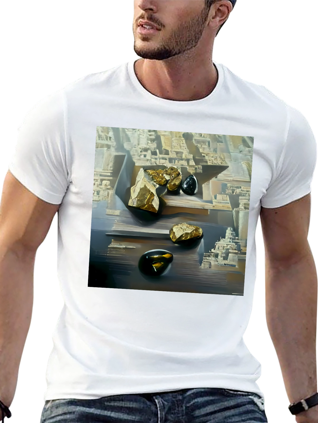Abstract Art T-Shirt: Gold & Obsidian Rock Scene