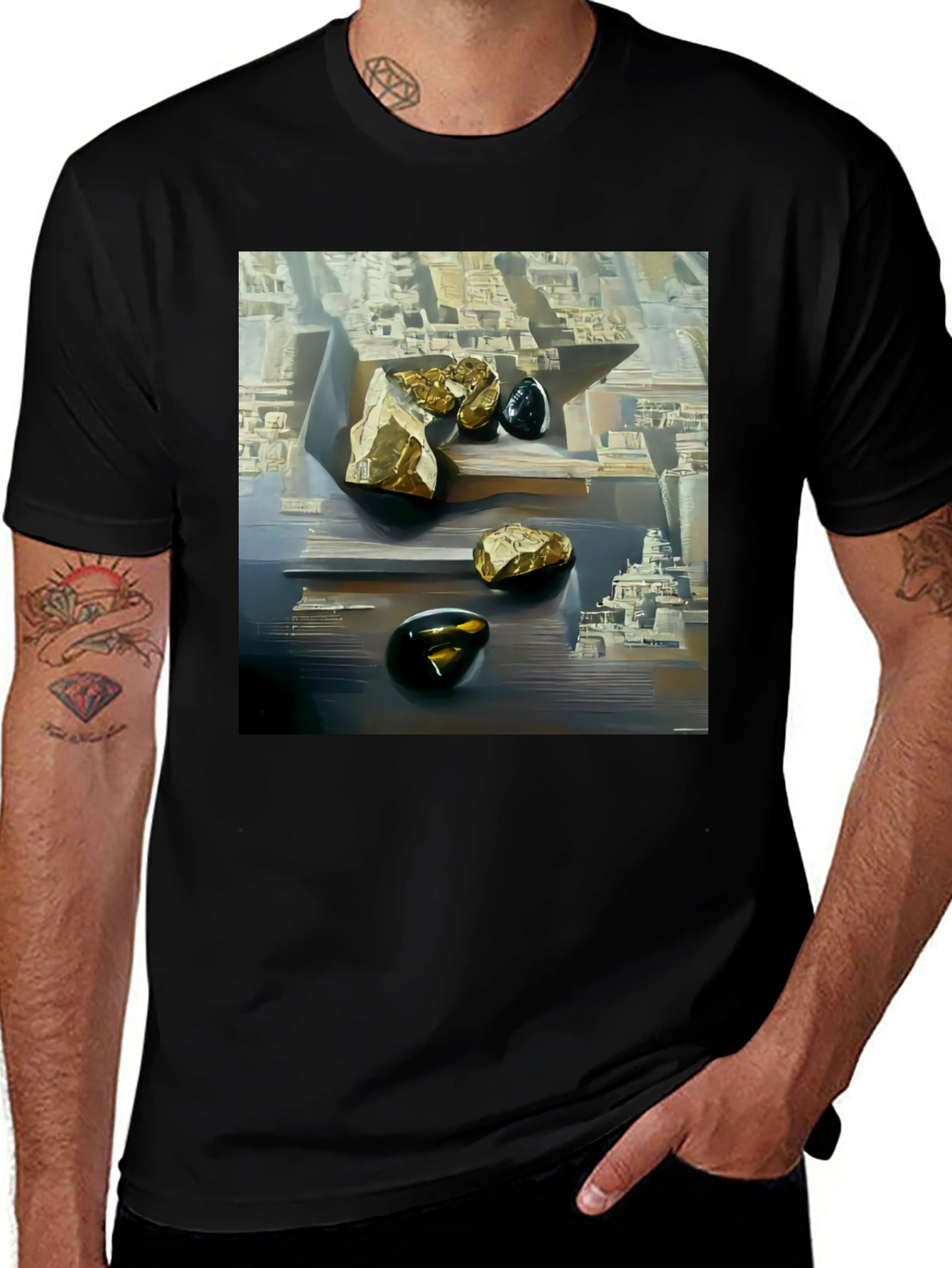 Abstract Art T-Shirt: Gold & Obsidian Rock Scene