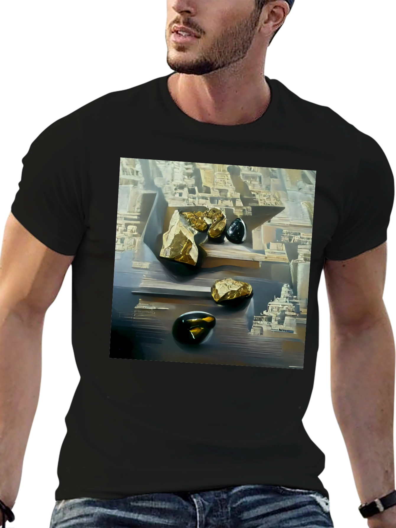 Abstract Art T-Shirt: Gold & Obsidian Rock Scene