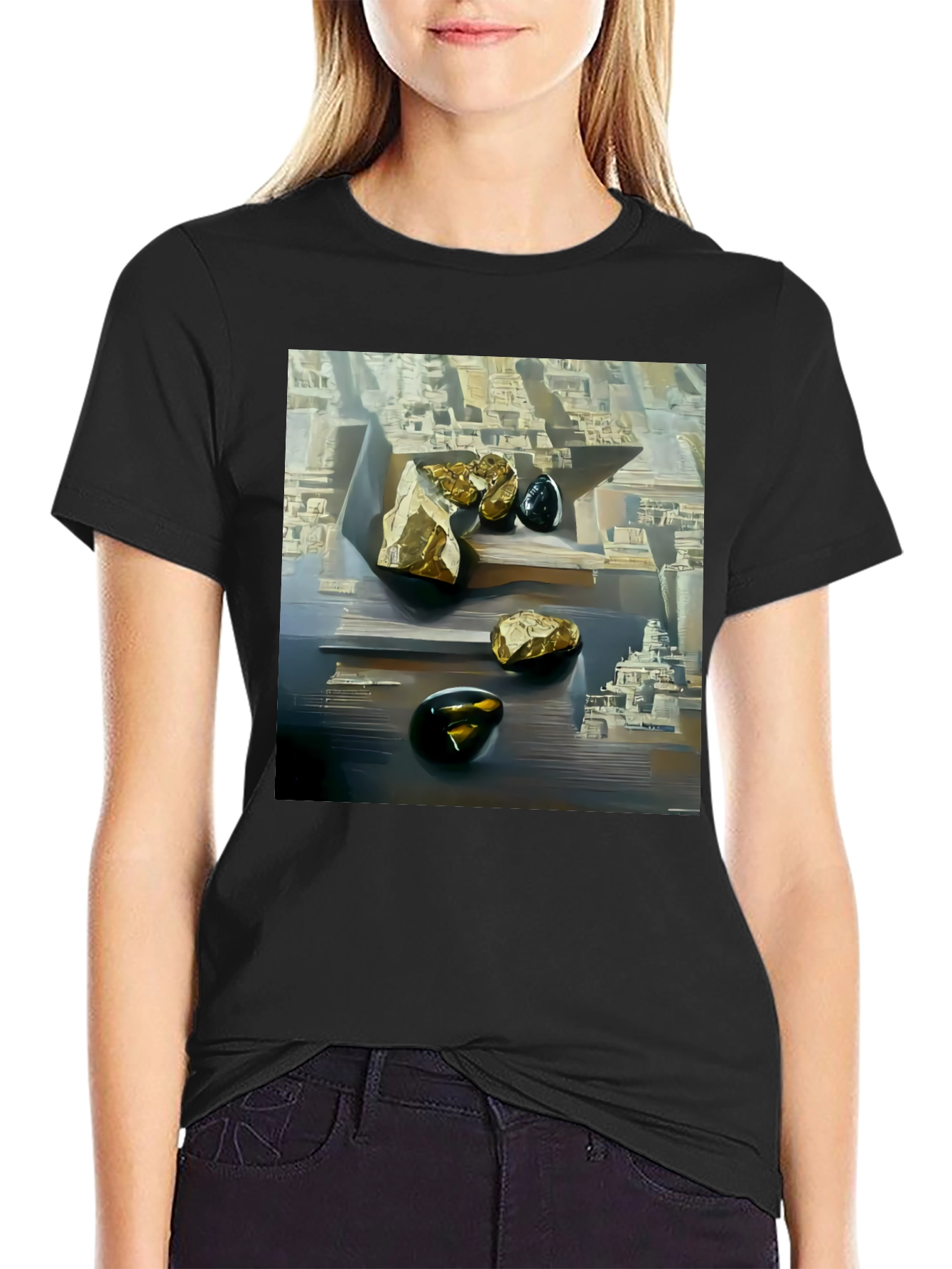 Abstract Art T-Shirt: Gold & Obsidian Rock Scene
