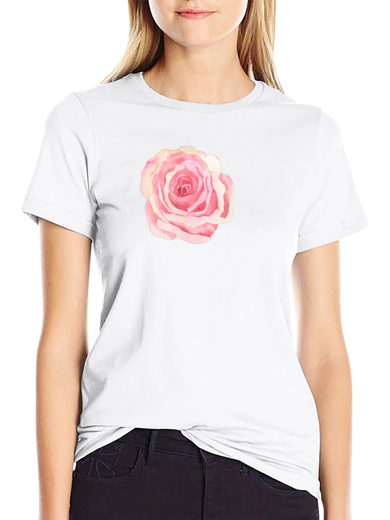Black T-Shirt with Pink Rose Graphic
