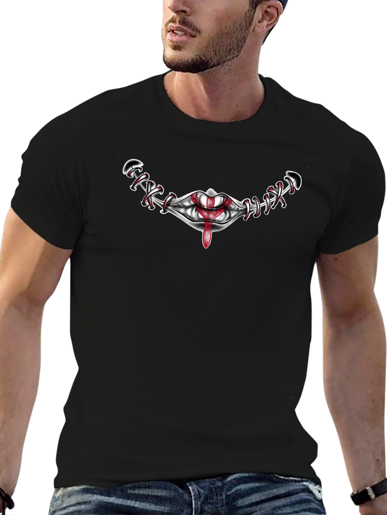 Stitched Smile Graphic Tee - Mens Black T-Shirt