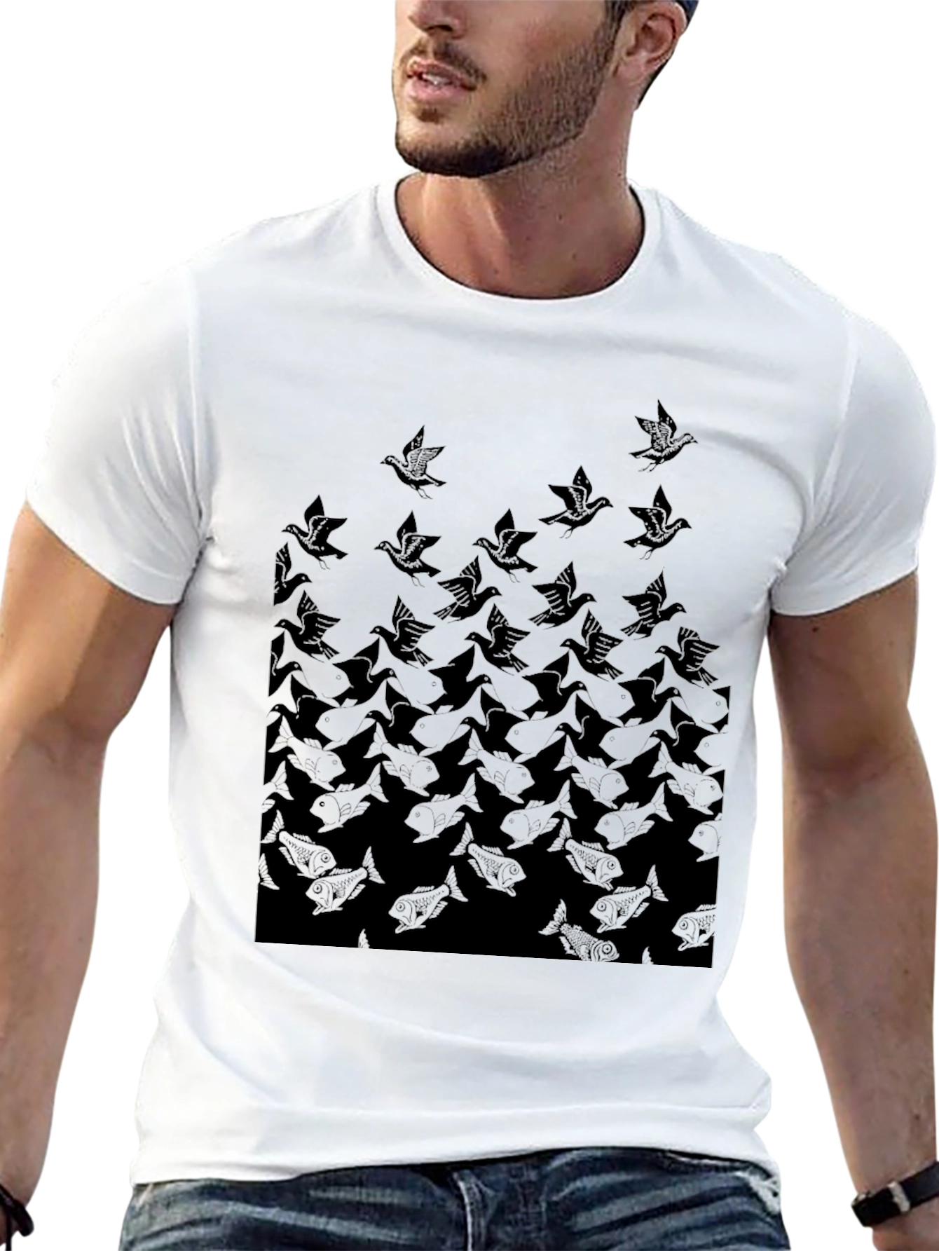 Escher-Inspired Bird & Fish Graphic Tee