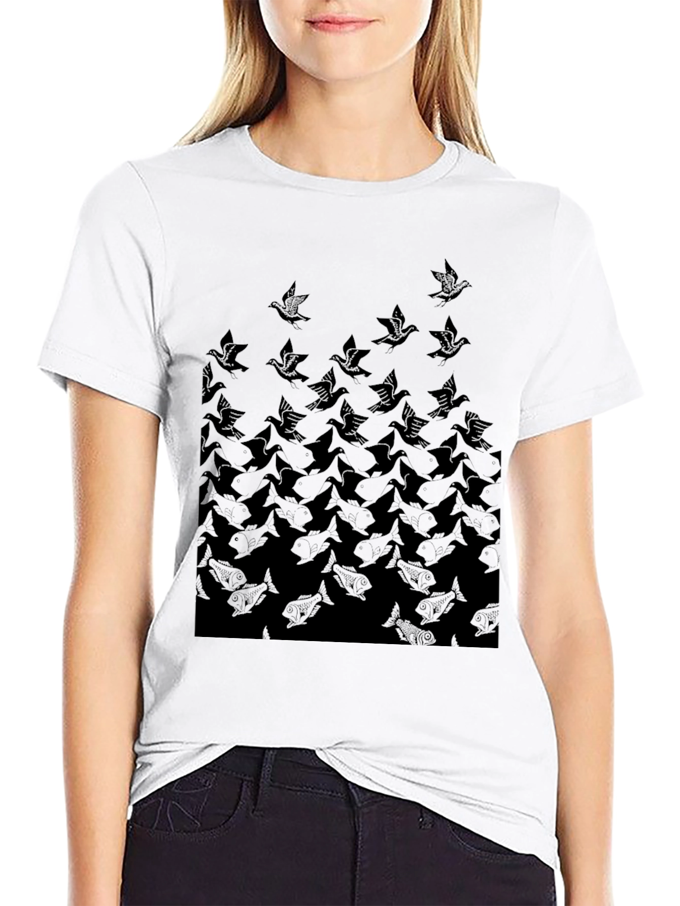 Escher-Inspired Bird & Fish Graphic Tee